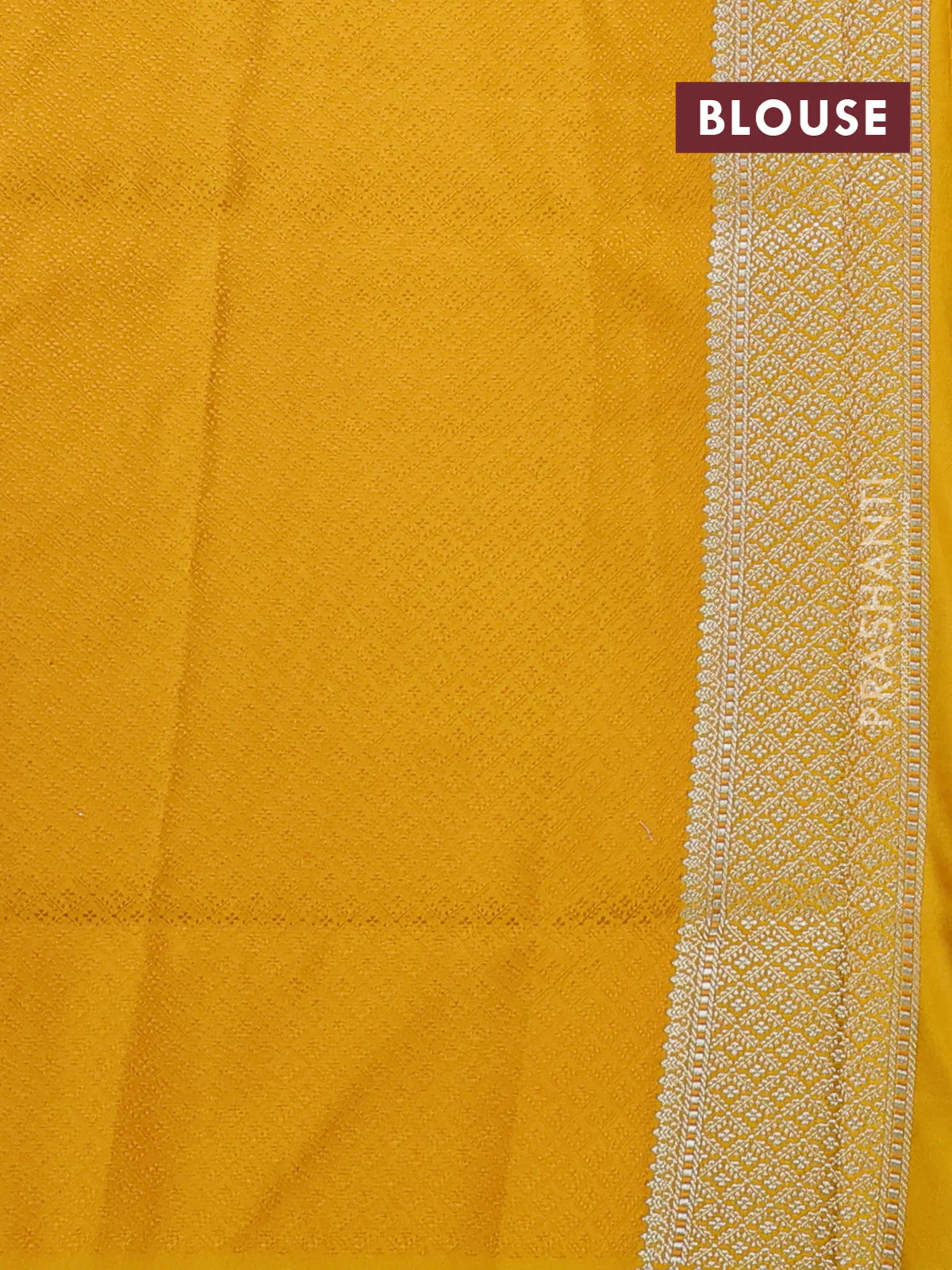 Banarasi semi katan silk saree yellow with allover self emboss and copper zari woven border - Image 3
