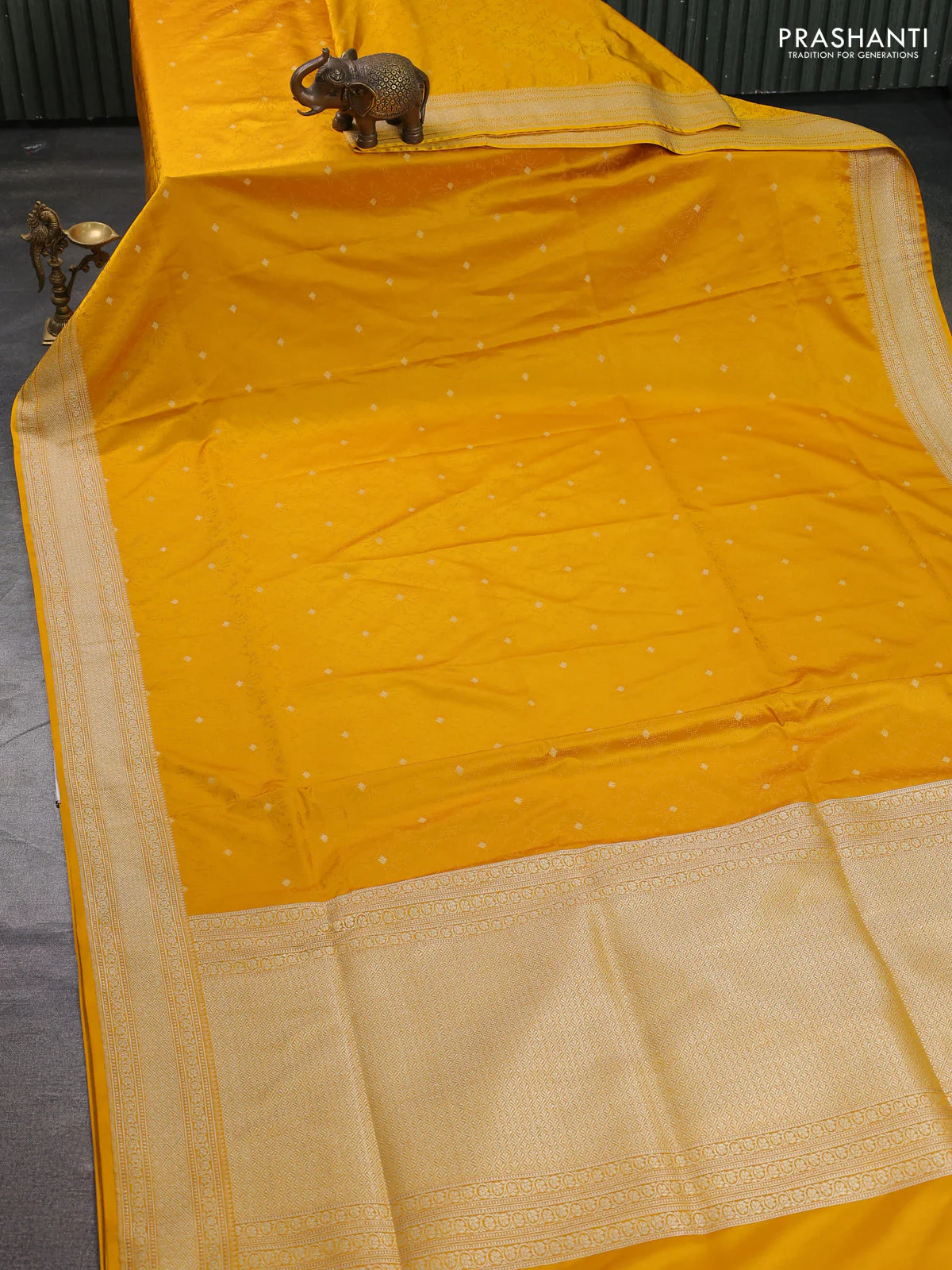 Banarasi semi katan silk saree yellow with allover self emboss & zari buttas and zari woven border - Image 2