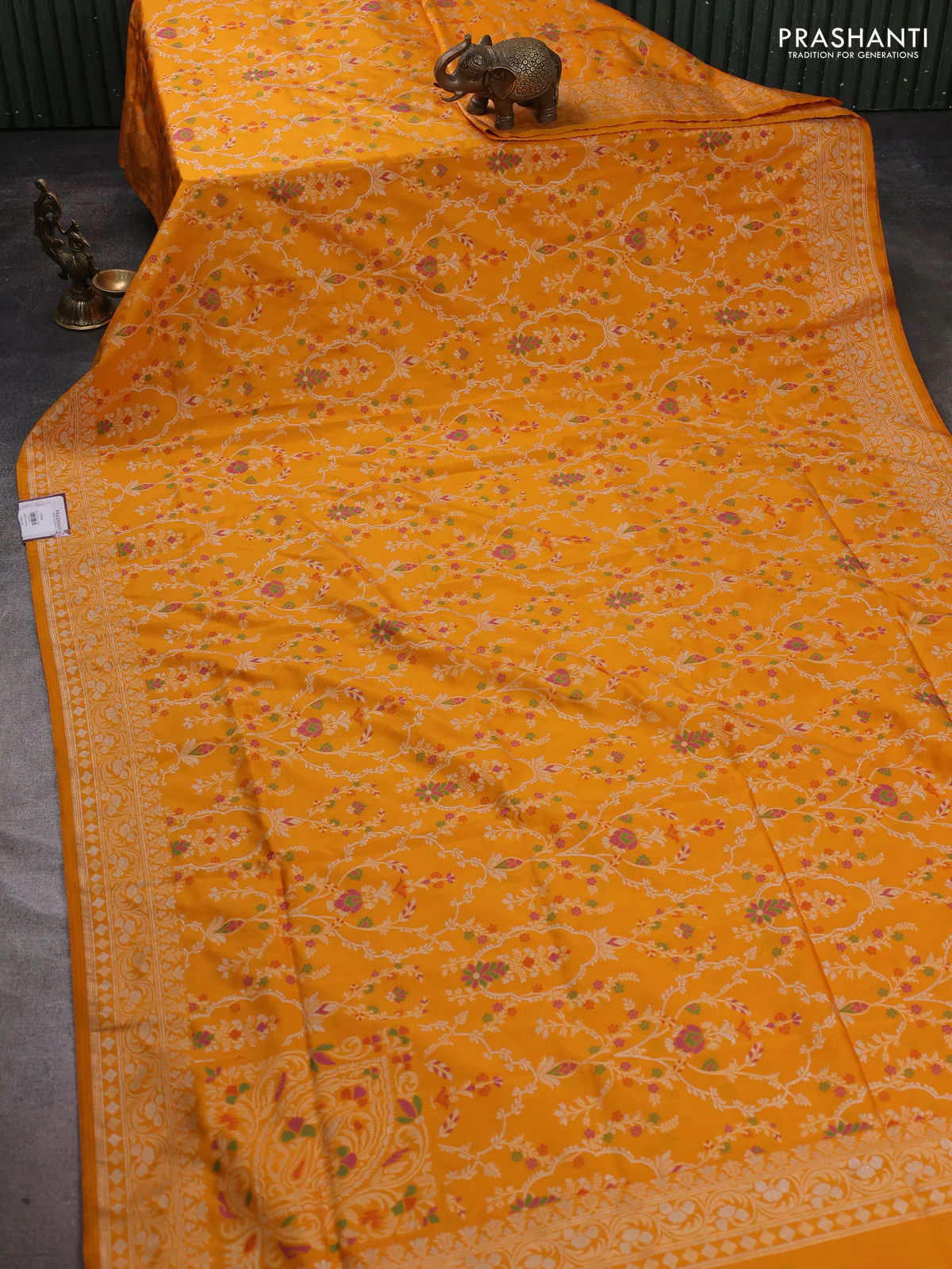 Banarasi semi katan silk saree yellow with allover silver & zari weaves and zari woven border - Image 2