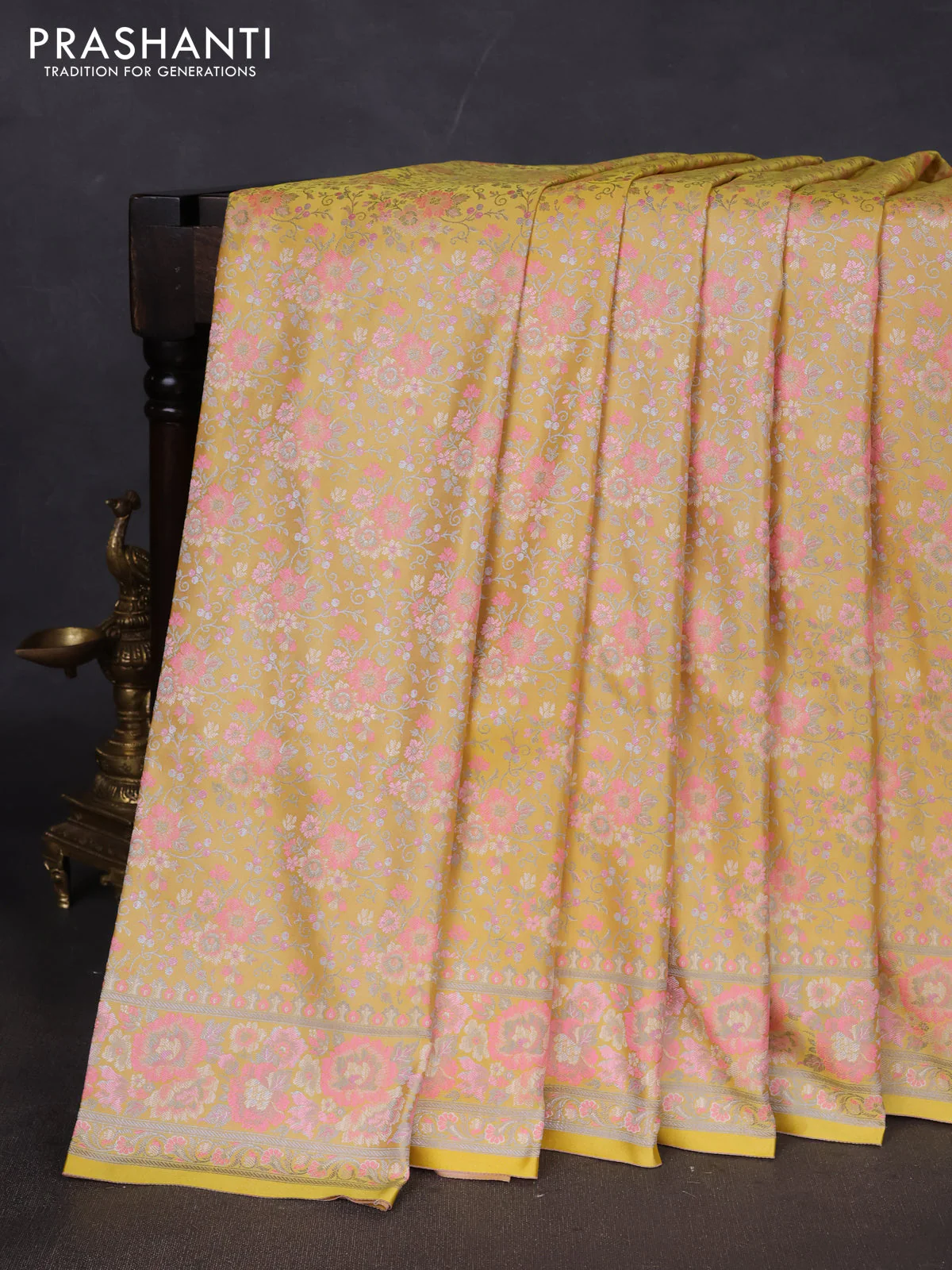 Banarasi semi katan silk saree yellow with allover thread brocade weaves and thread woven border