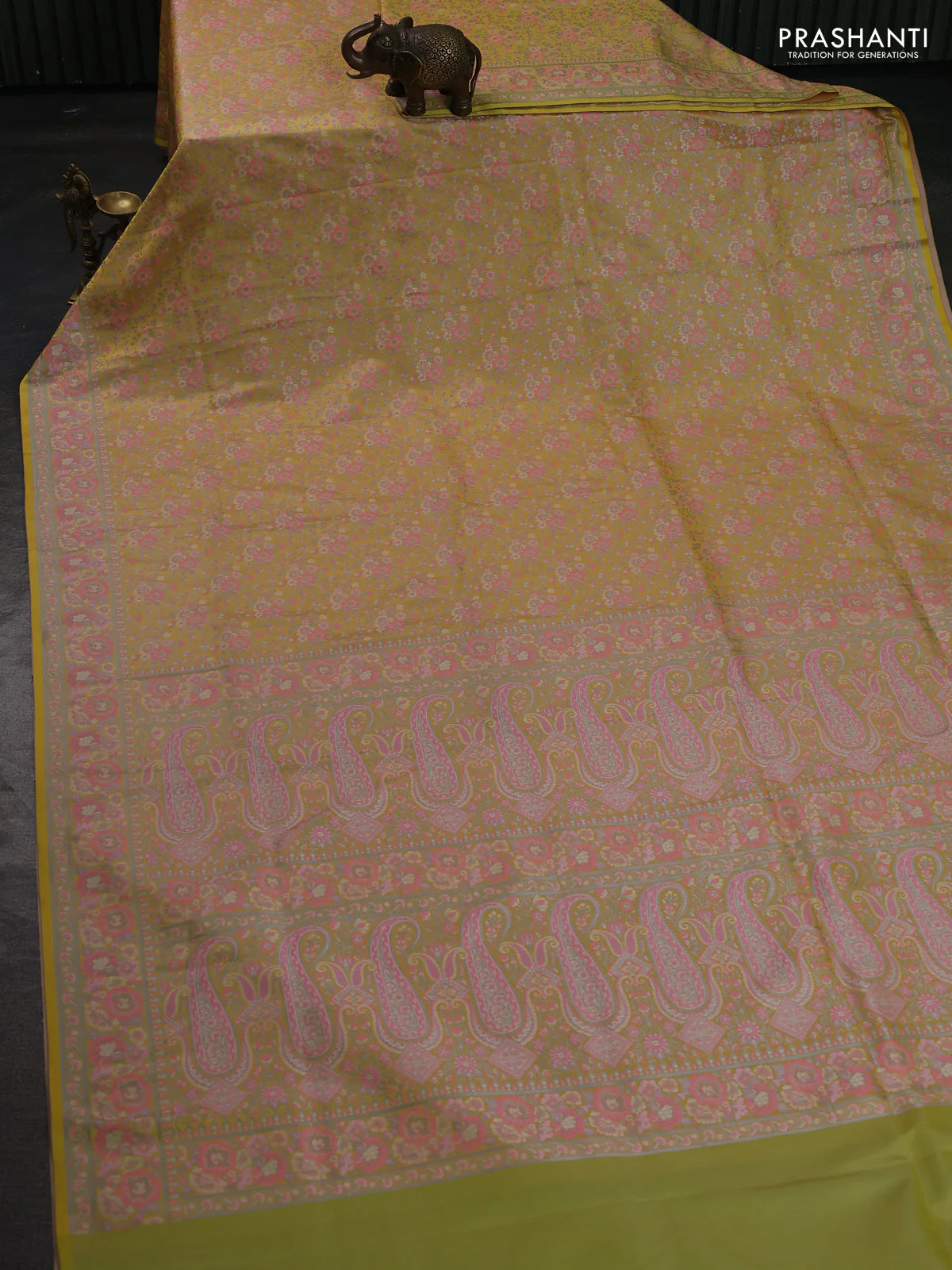 Banarasi semi katan silk saree yellow with allover thread brocade weaves and thread woven border - Image 2