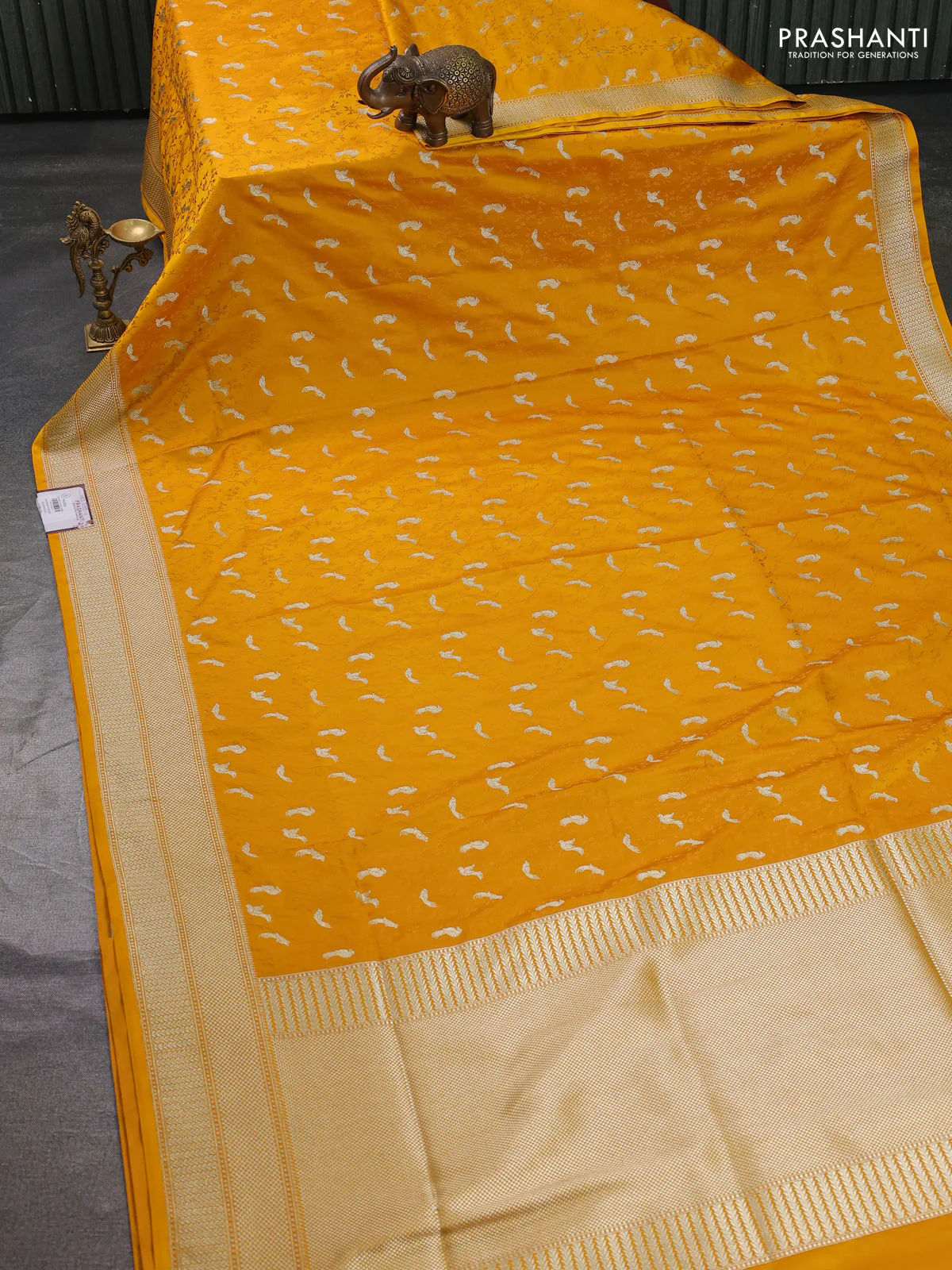 Banarasi semi katan silk saree yellow with allover thread weaves & zari woven border and zari woven border - Image 2