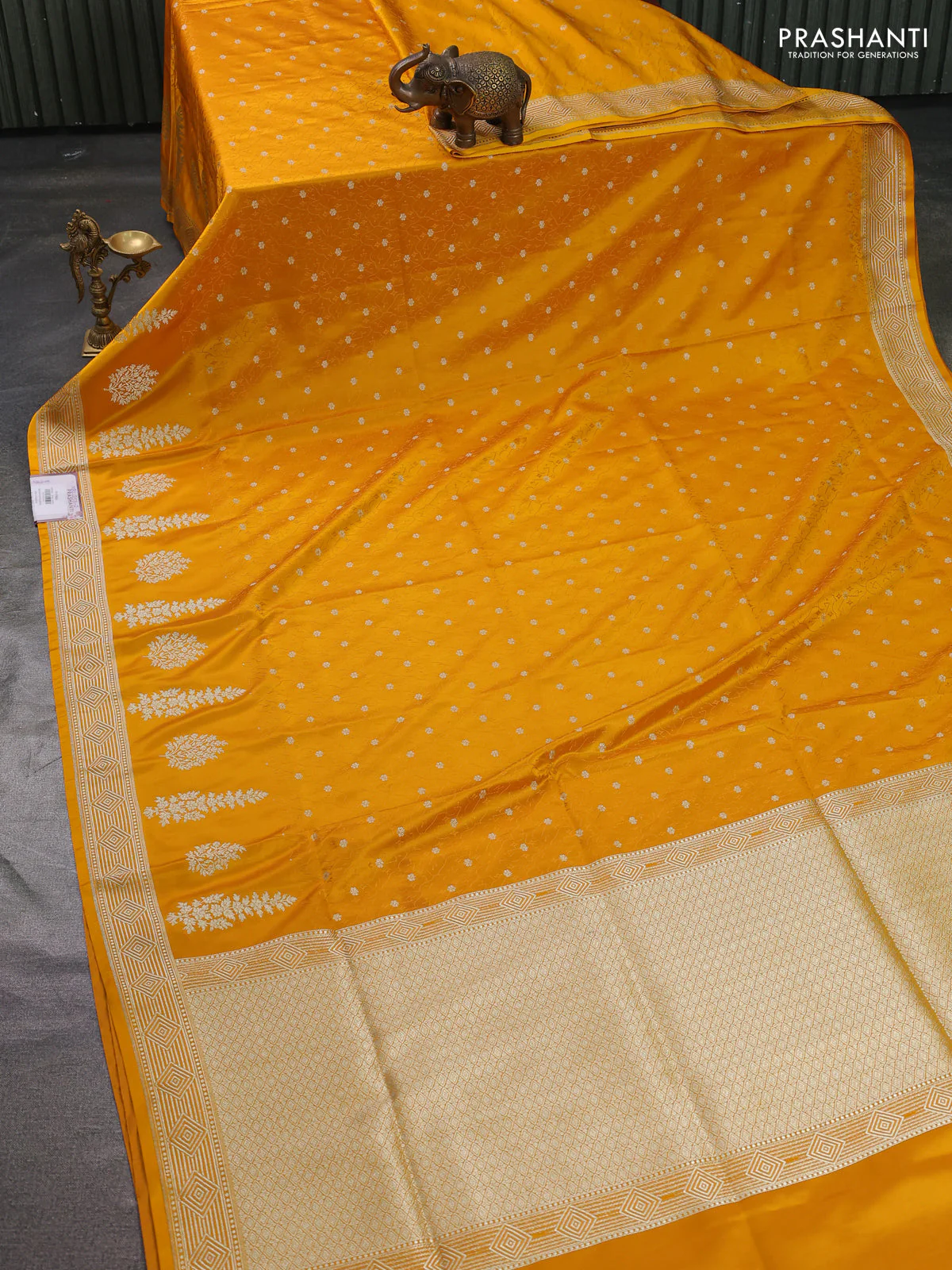 Banarasi semi katan silk saree yellow with allover thread weaves & zari woven buttas and zari woven border - Image 2