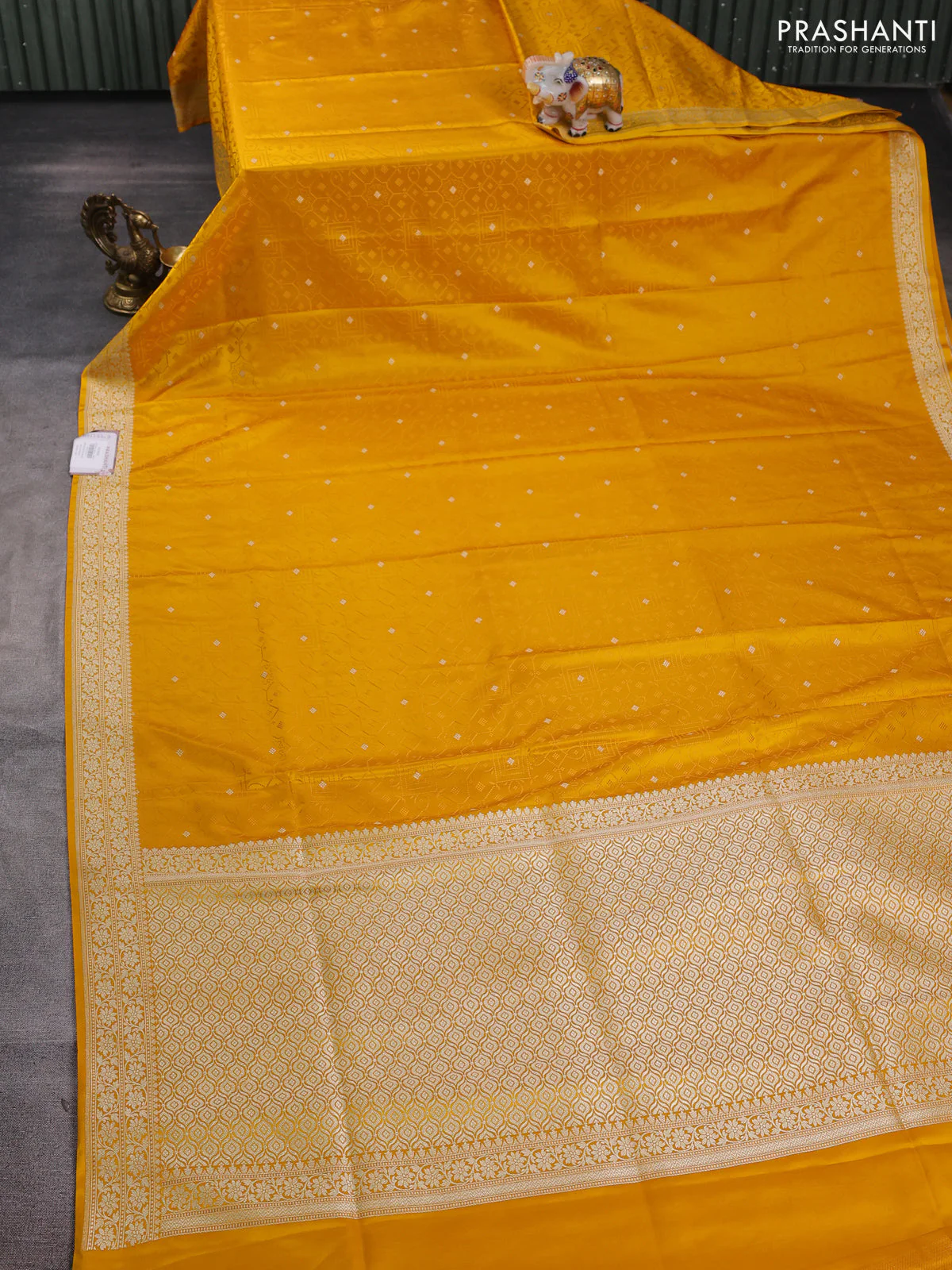 Banarasi semi katan silk saree yellow with allover thread weaves & zari woven buttas and zari woven border - Image 2