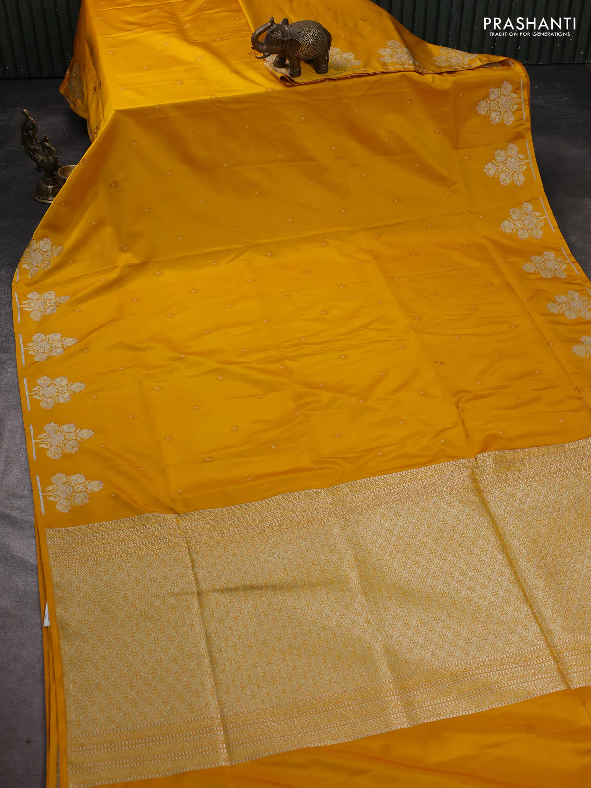 Banarasi semi katan silk saree yellow with allover thread woven buttas and zari woven butta border - Image 2