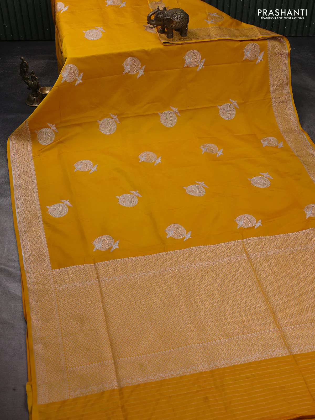 Banarasi semi katan silk saree yellow with zari woven buttas and zari woven border - Image 2