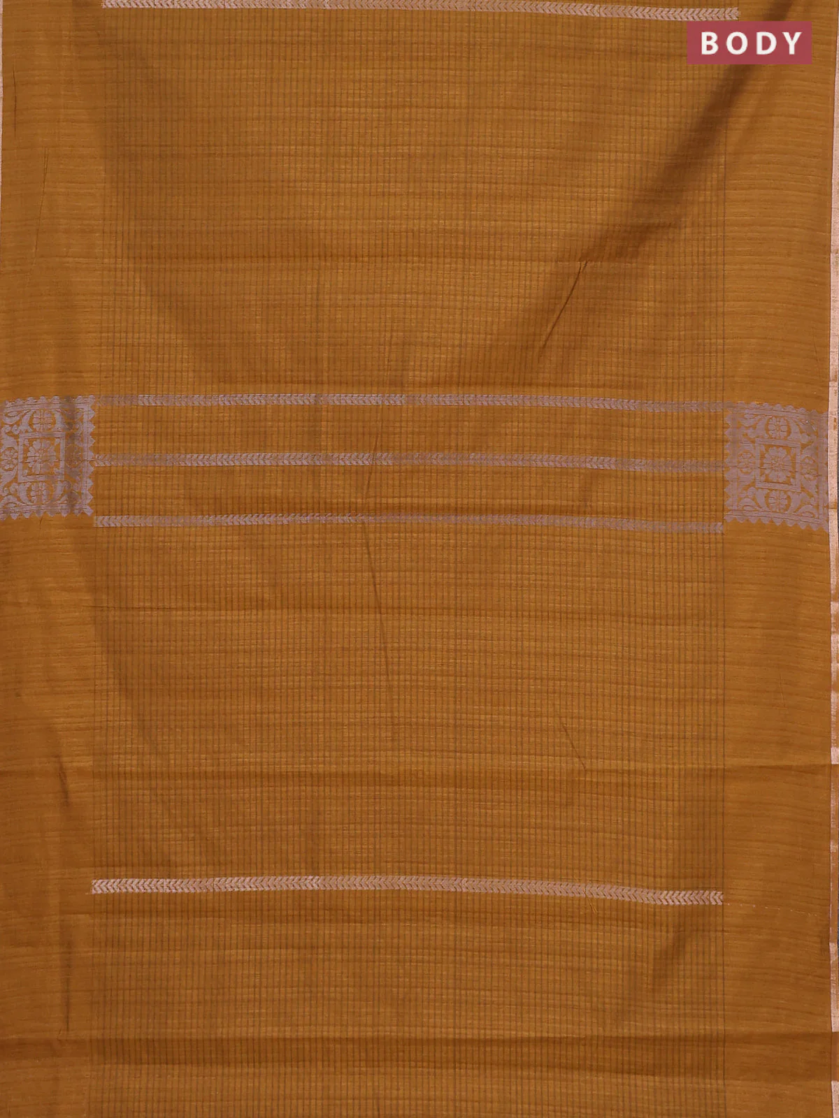 Banarasi semi matka saree dark mustard with allover silver & gold zari weaves and zari woven butta border - Image 2