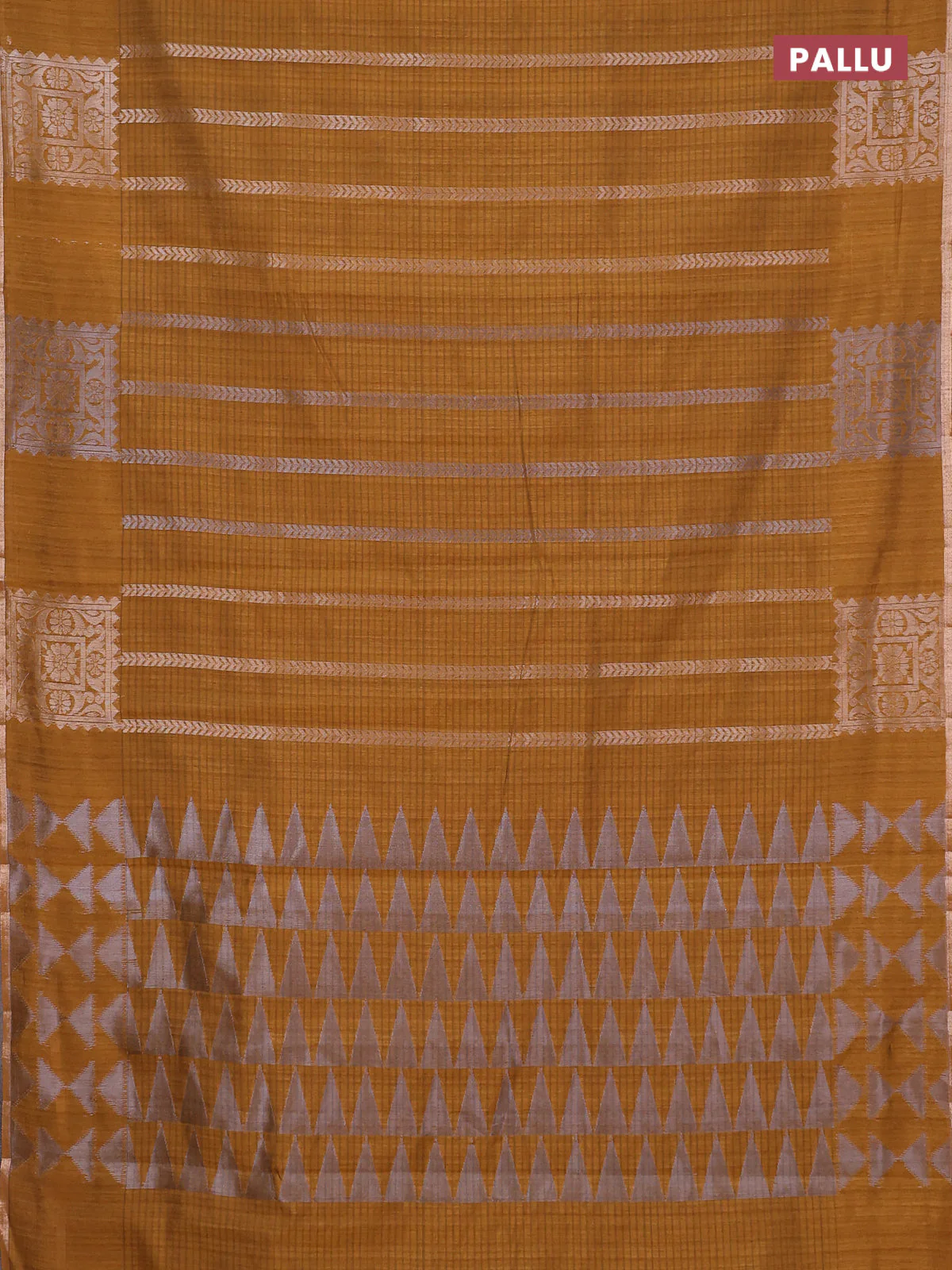Banarasi semi matka saree dark mustard with allover silver & gold zari weaves and zari woven butta border - Image 3