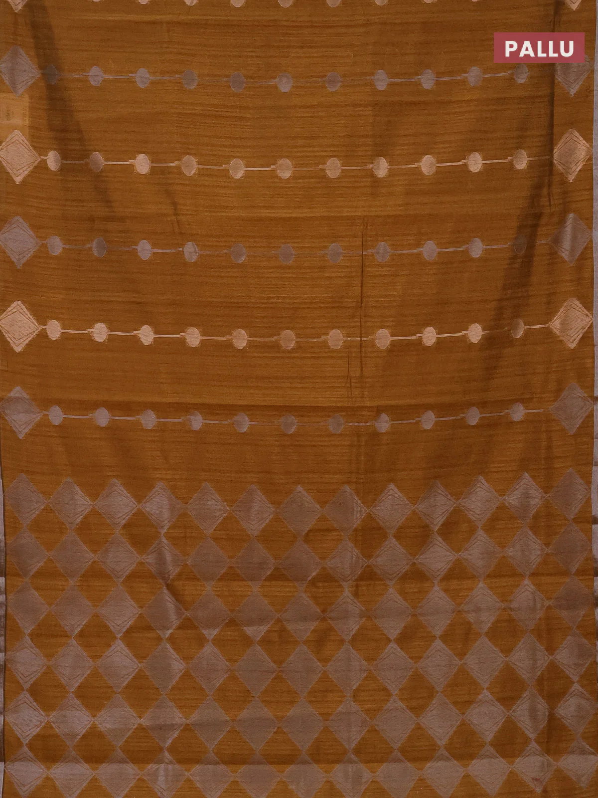 Banarasi semi matka saree dark mustard with silver & gold geometric weaves and zari woven piping border - Image 3
