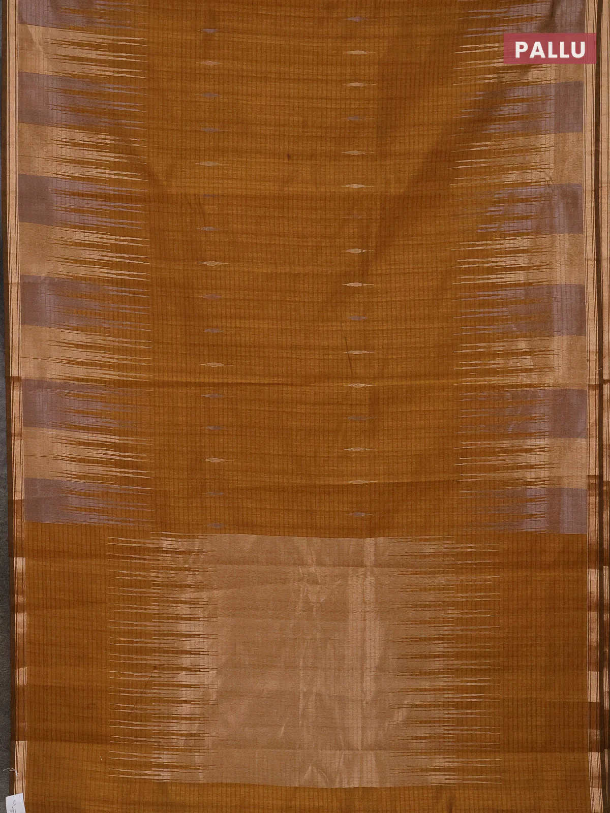 Banarasi semi matka saree dark mustard with silver & gold zari woven buttas and temple design zari woven border - Image 3