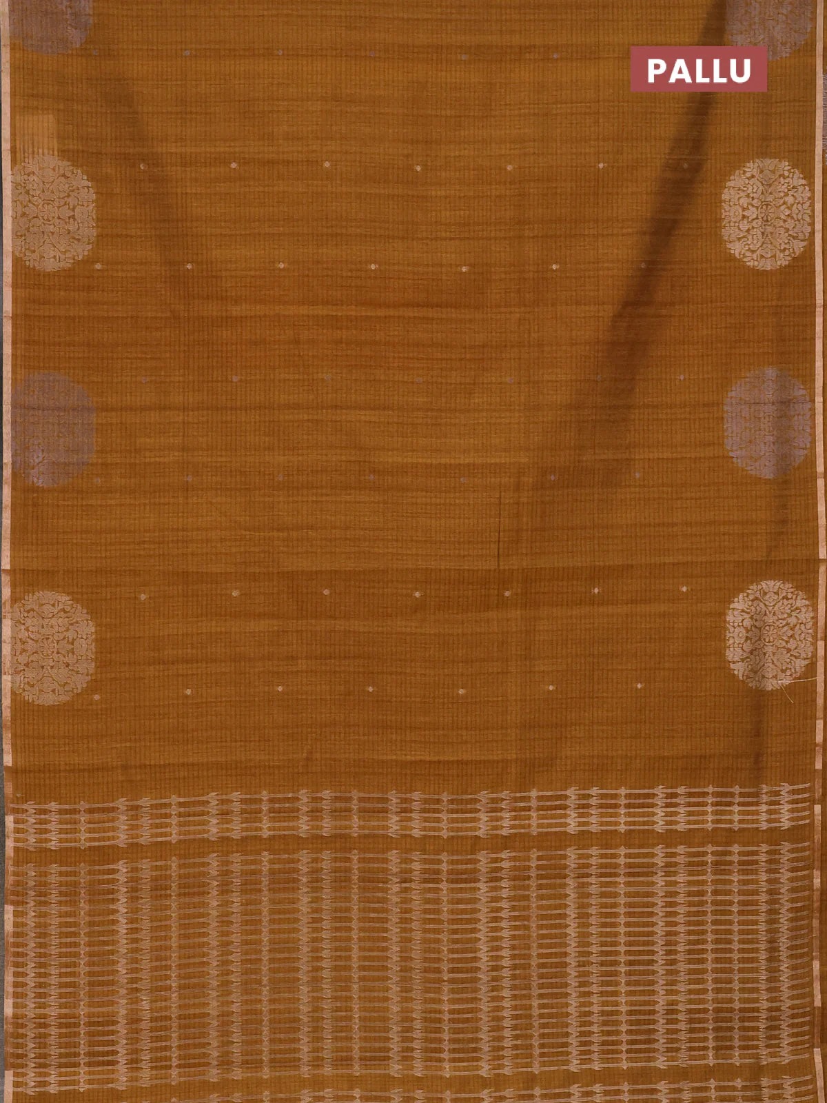 Banarasi semi matka saree dark mustard with silver & gold zari woven buttas and zari woven butta border - Image 3