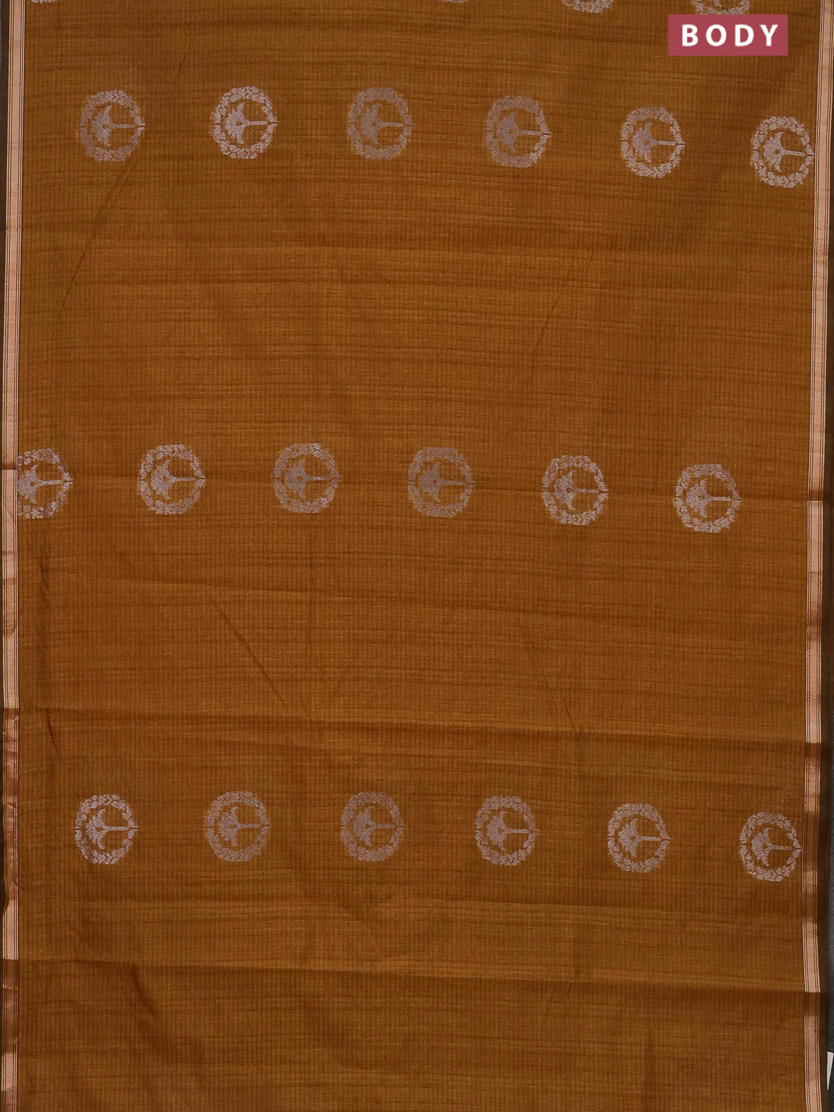 Banarasi semi matka saree dark mustard with silver & gold zari woven buttas and zari woven piping border - Image 2