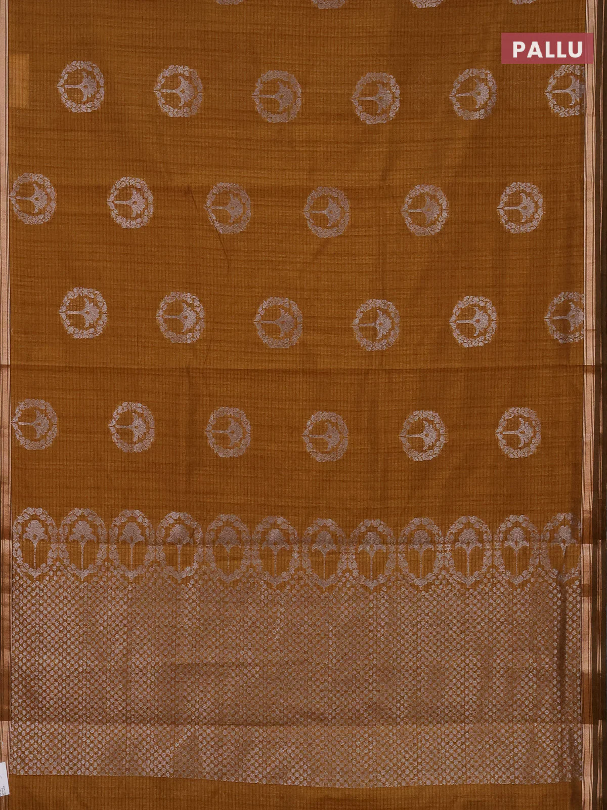 Banarasi semi matka saree dark mustard with silver & gold zari woven buttas and zari woven piping border - Image 3