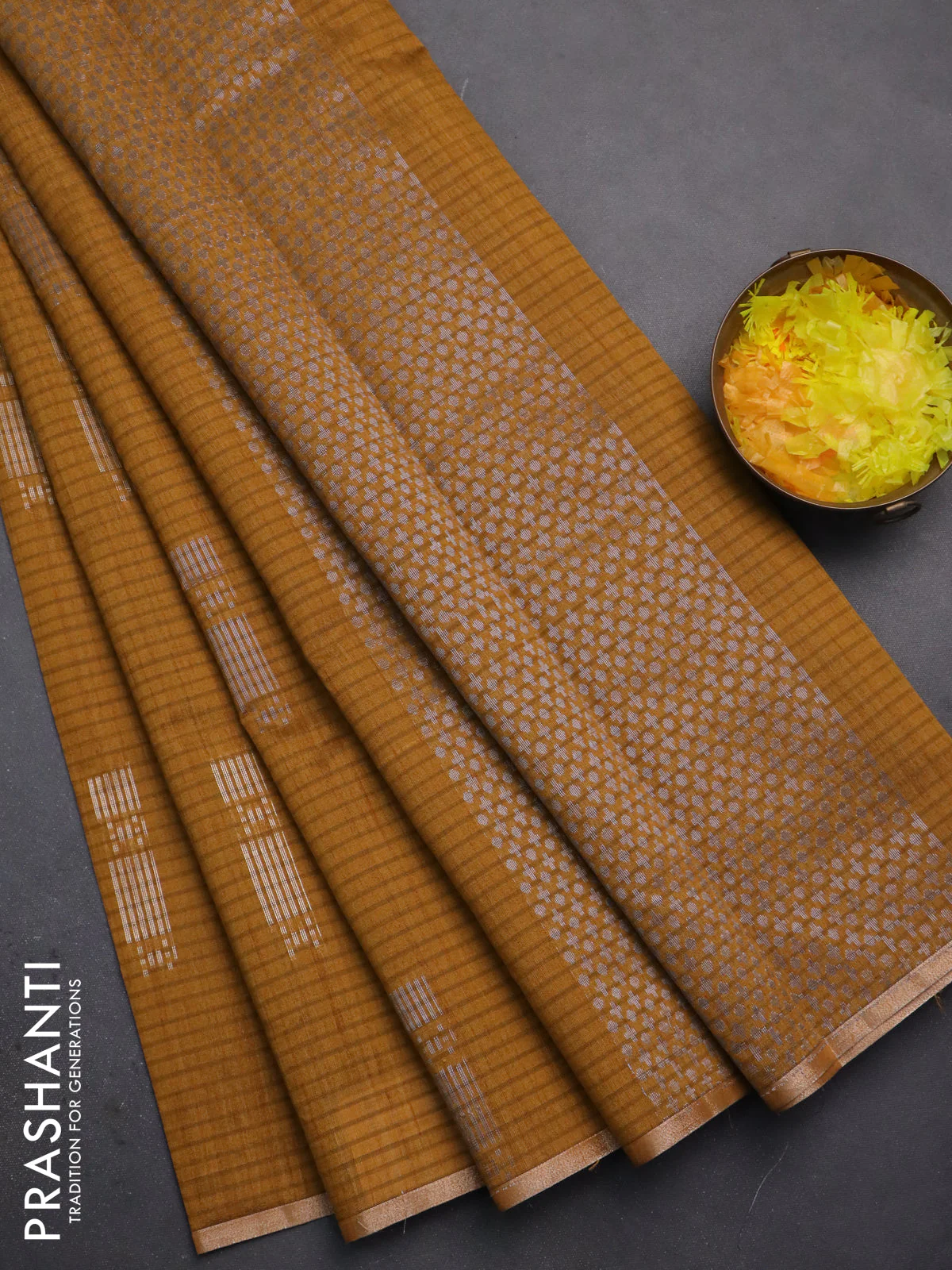 Banarasi semi matka saree dark mustard with silver & gold zari woven buttas and zari woven piping border
