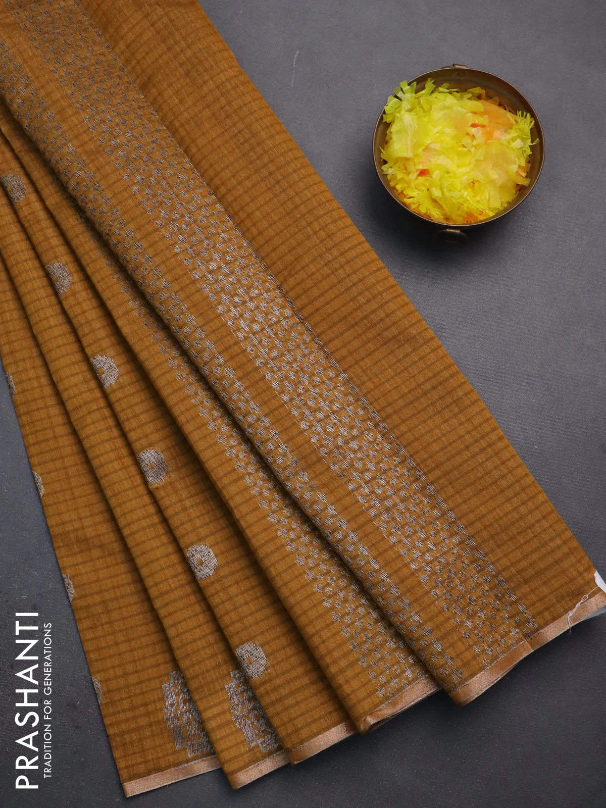 Banarasi semi matka saree dark mustard with silver & gold zari woven buttas and zari woven piping border