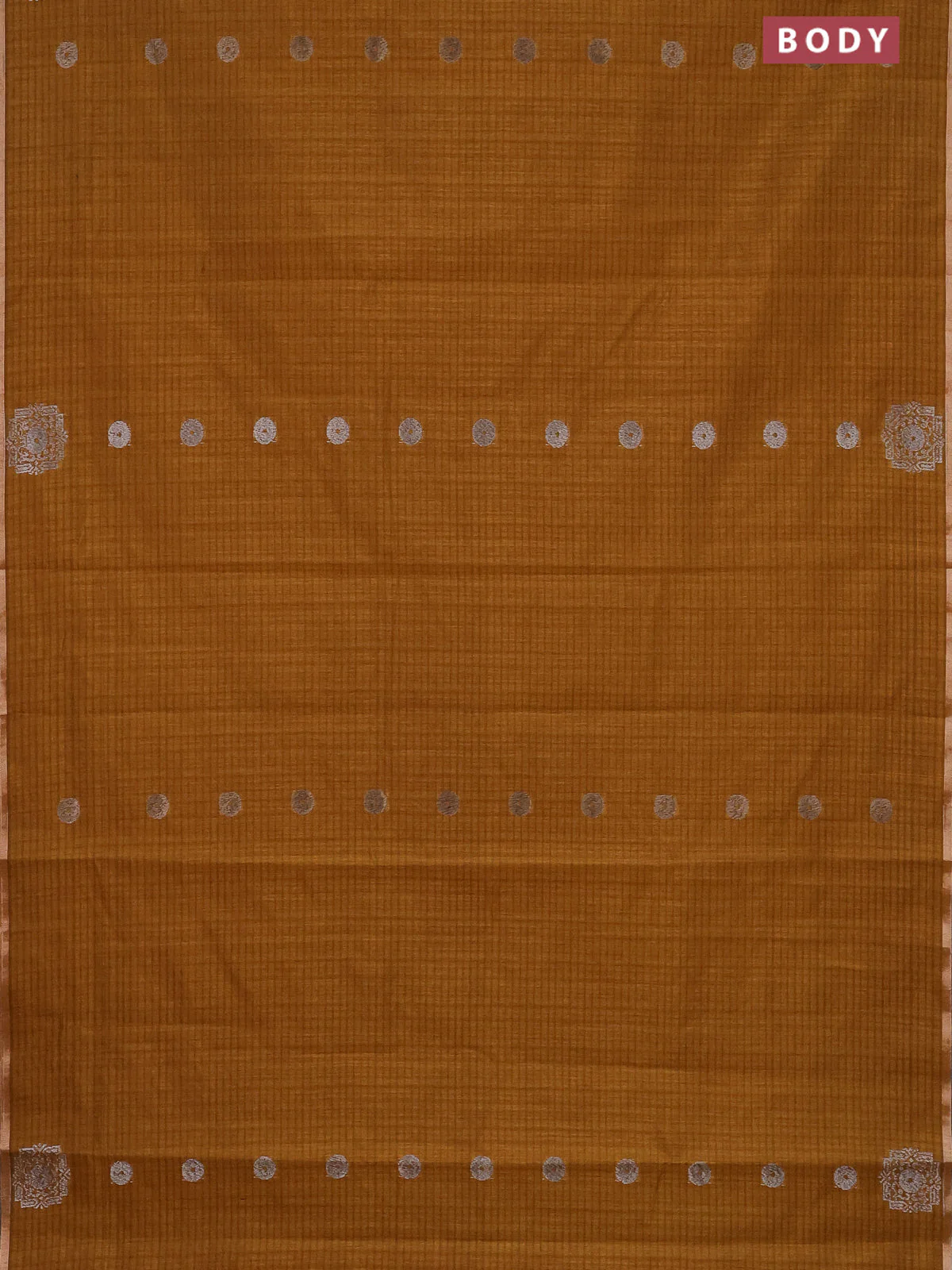 Banarasi semi matka saree dark mustard with silver & gold zari woven buttas and zari woven piping border - Image 2