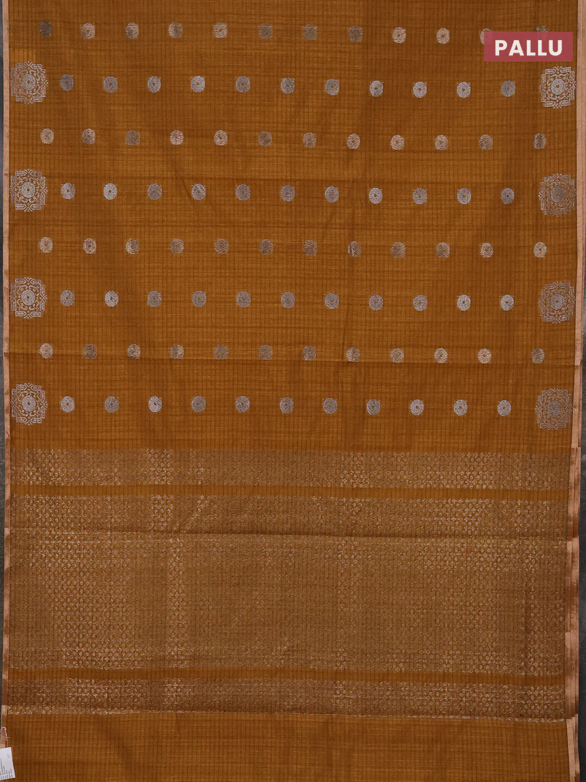 Banarasi semi matka saree dark mustard with silver & gold zari woven buttas and zari woven piping border - Image 3