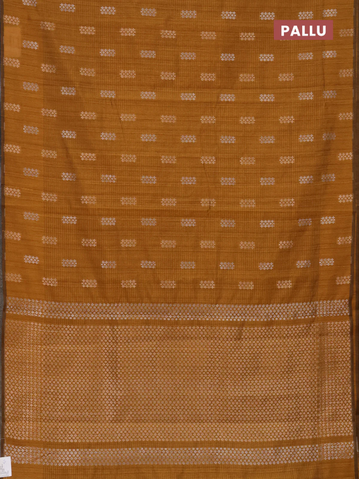 Banarasi semi matka saree dark mustard with silver & gold zari woven buttas in borderless style - Image 3