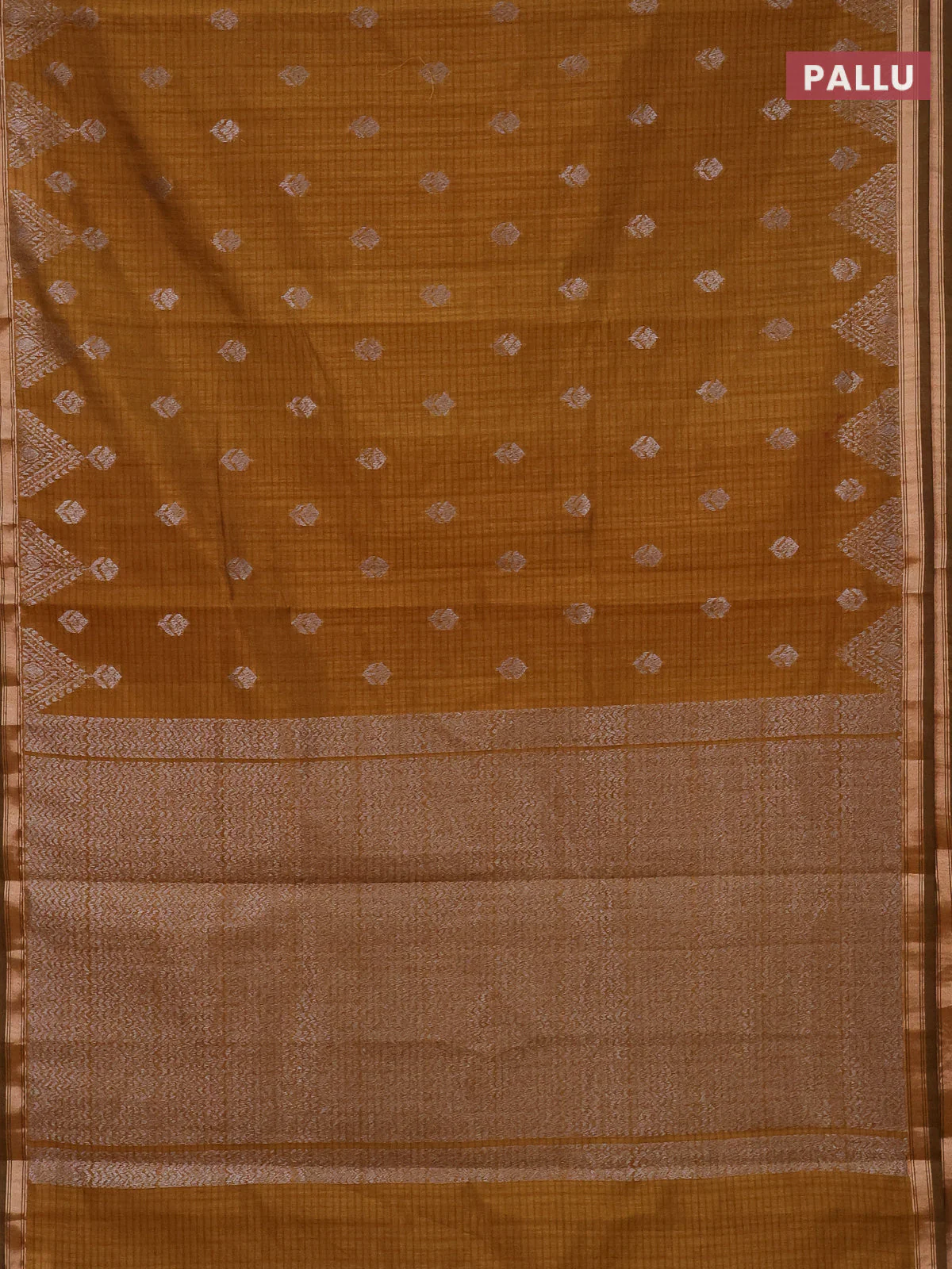 Banarasi semi matka saree dark mustard with silver zari woven buttas and zari woven border - Image 3