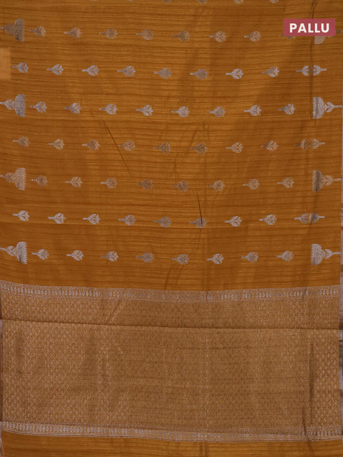 Banarasi semi matka saree dark mustard with thread & silver zari woven buttas and zari woven piping border - Image 3