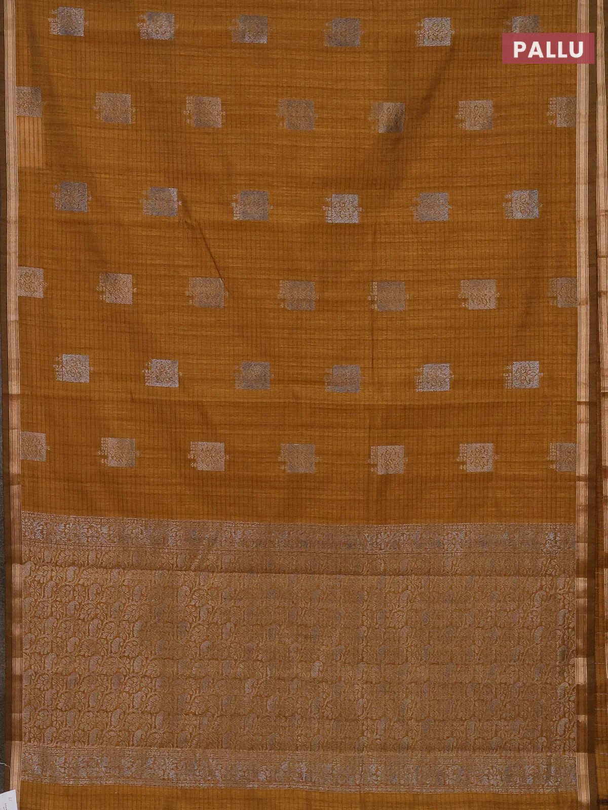 Banarasi semi matka saree dark mustard with woven buttas and zari woven piping border - Image 3