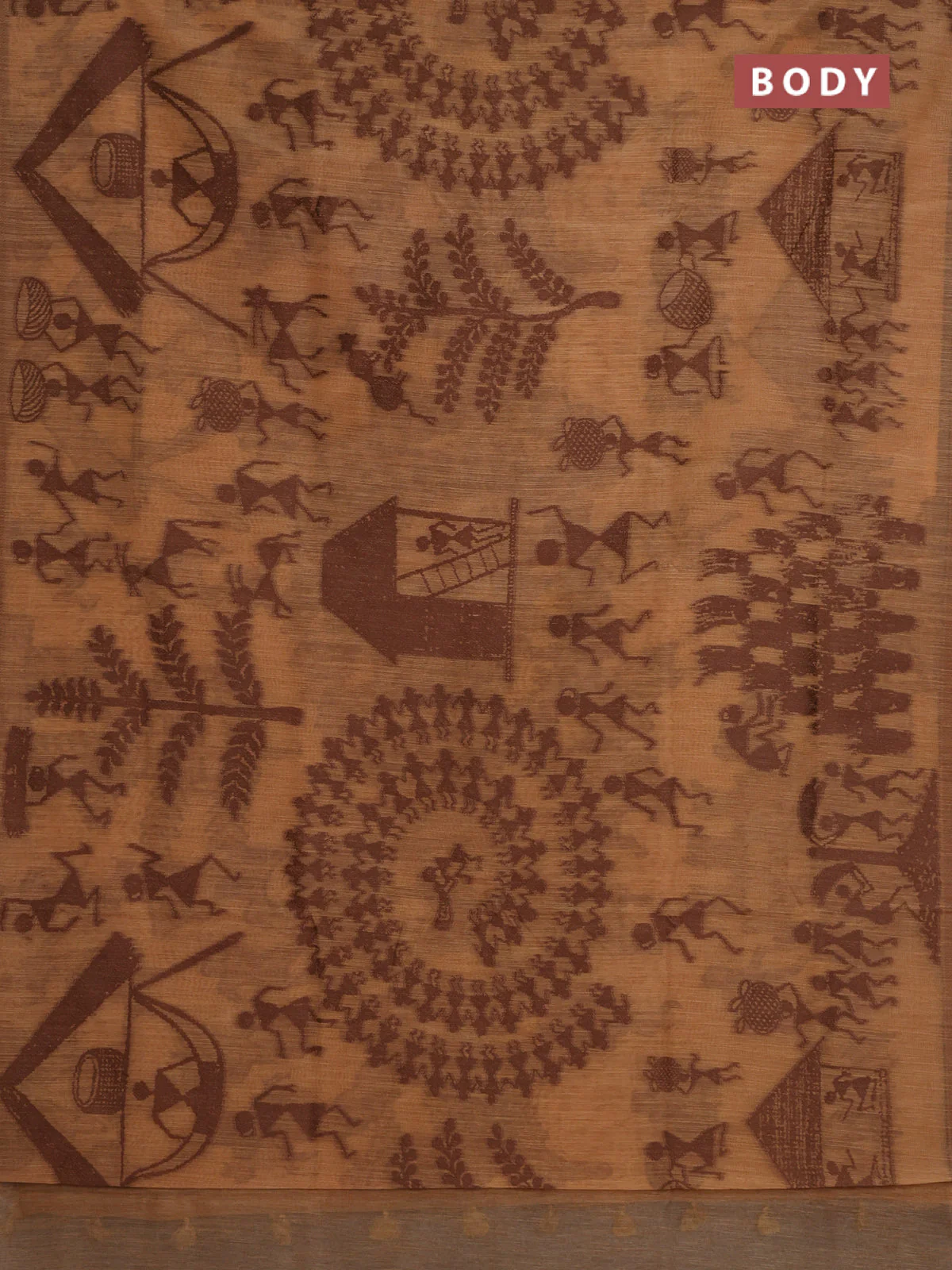 Banarasi semi matka saree dark sandal with allover warli design thread weaves in borderless style - Image 2