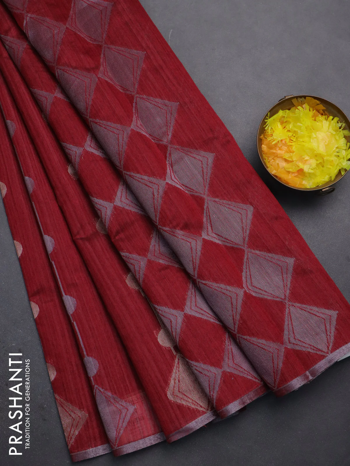 Banarasi semi matka saree maroon with silver & gold geometric weaves and zari woven piping border