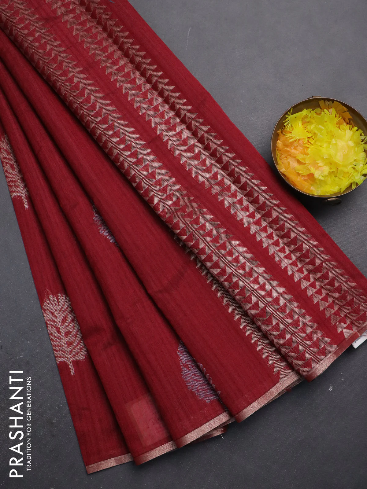 Banarasi semi matka saree maroon with silver & gold zari woven buttas and zari woven piping border
