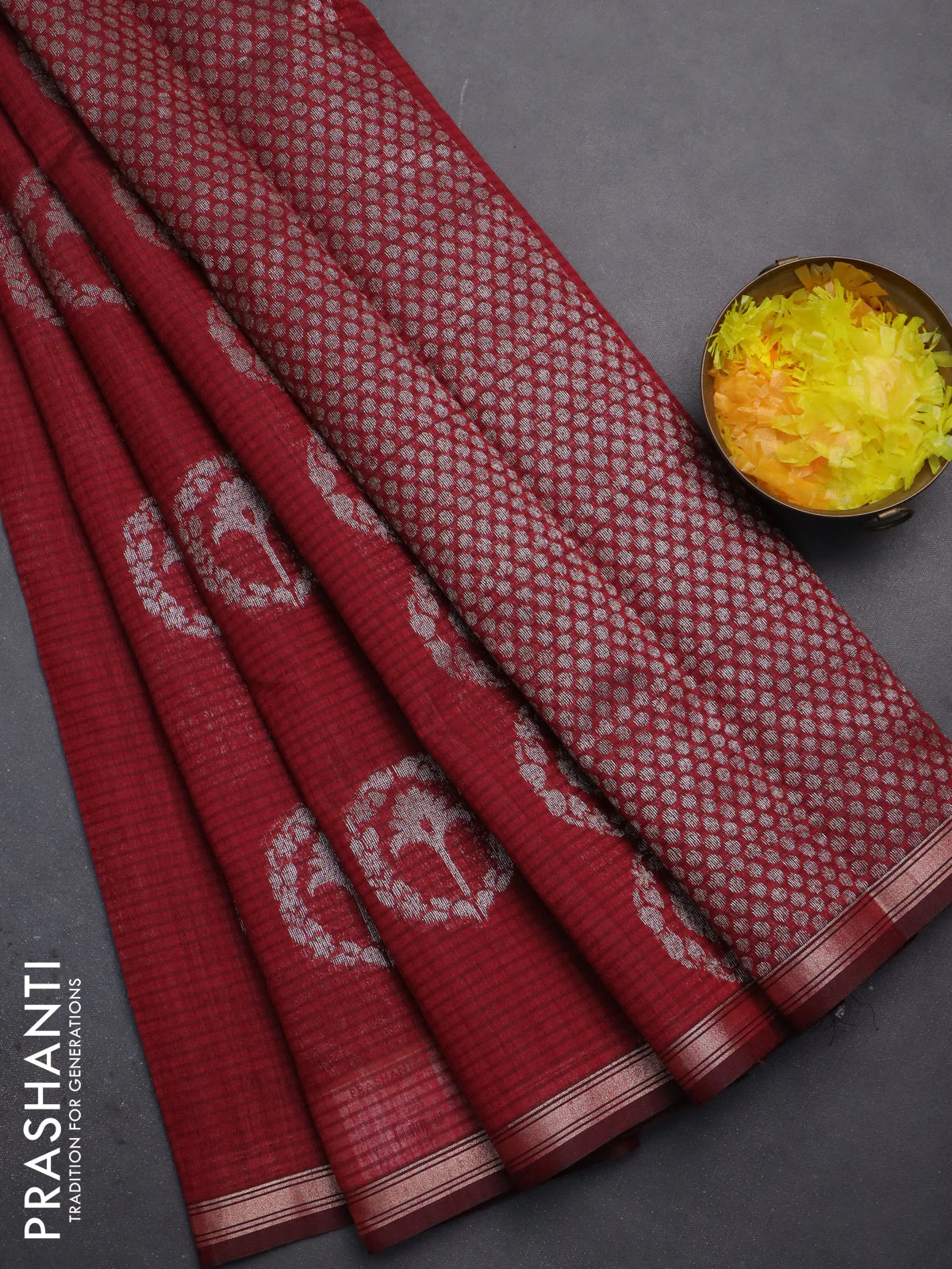 Banarasi semi matka saree maroon with silver & gold zari woven buttas and zari woven piping border