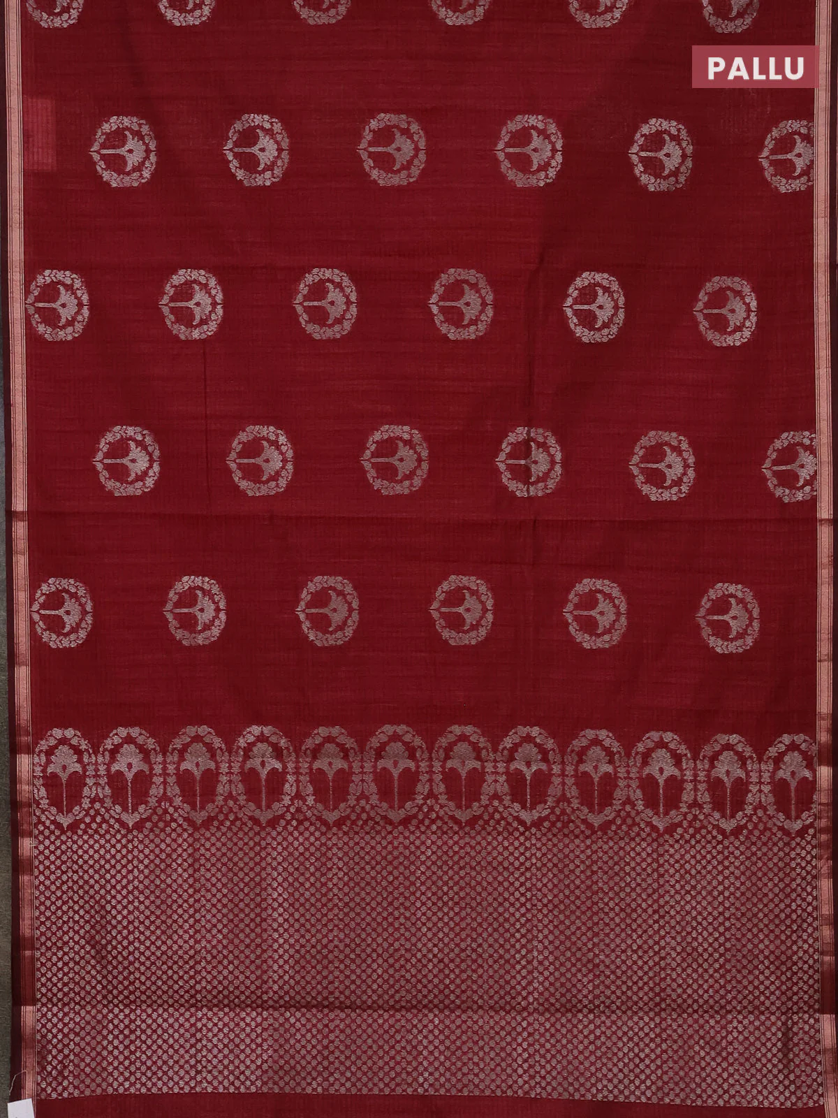 Banarasi semi matka saree maroon with silver & gold zari woven buttas and zari woven piping border - Image 3