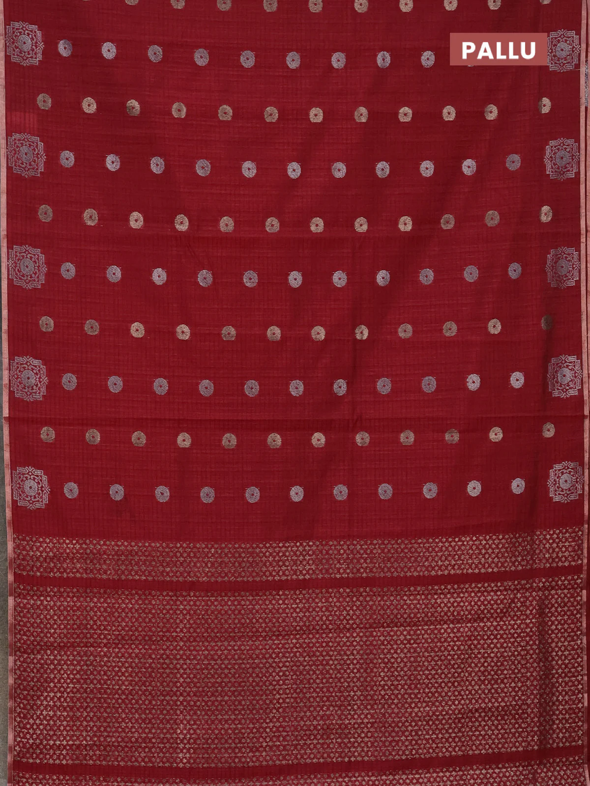 Banarasi semi matka saree maroon with silver & gold zari woven buttas and zari woven piping border - Image 3