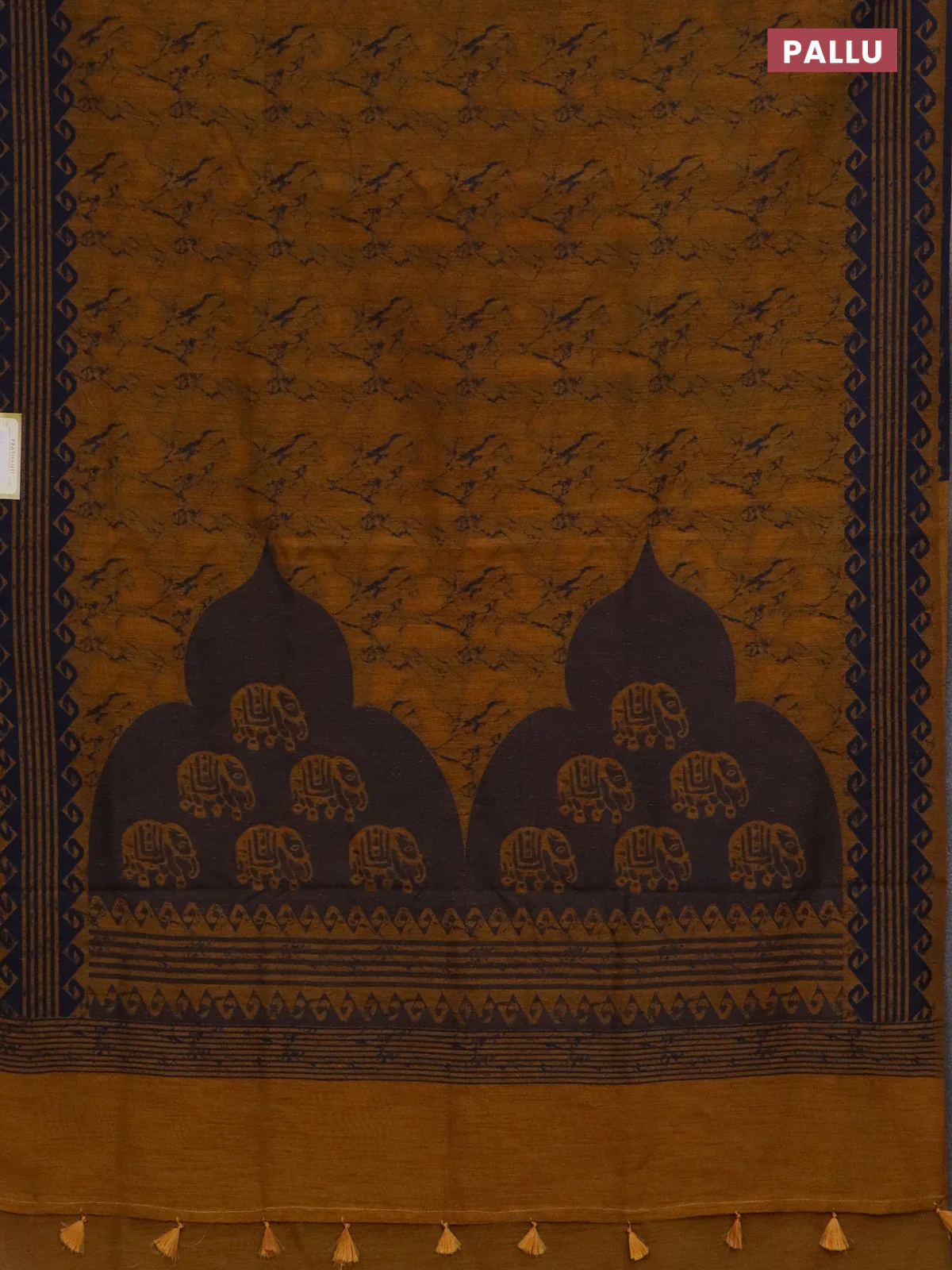 Banarasi semi matka saree mustard yellow and navy blue with allover thread weaves and thread woven border - Image 3