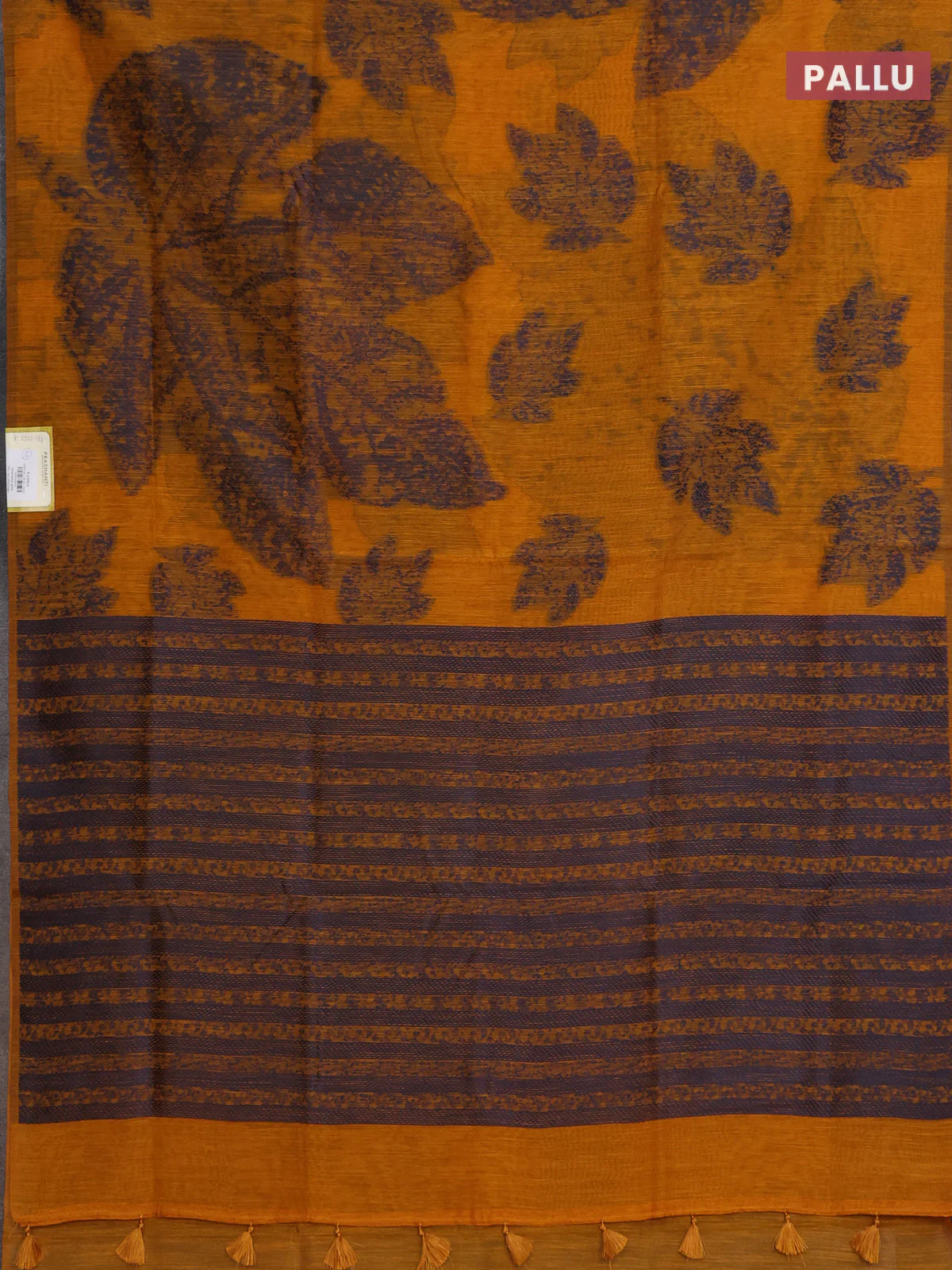 Banarasi semi matka saree mustard yellow with allover thread woven leaf butta weaves in borderless style - Image 3