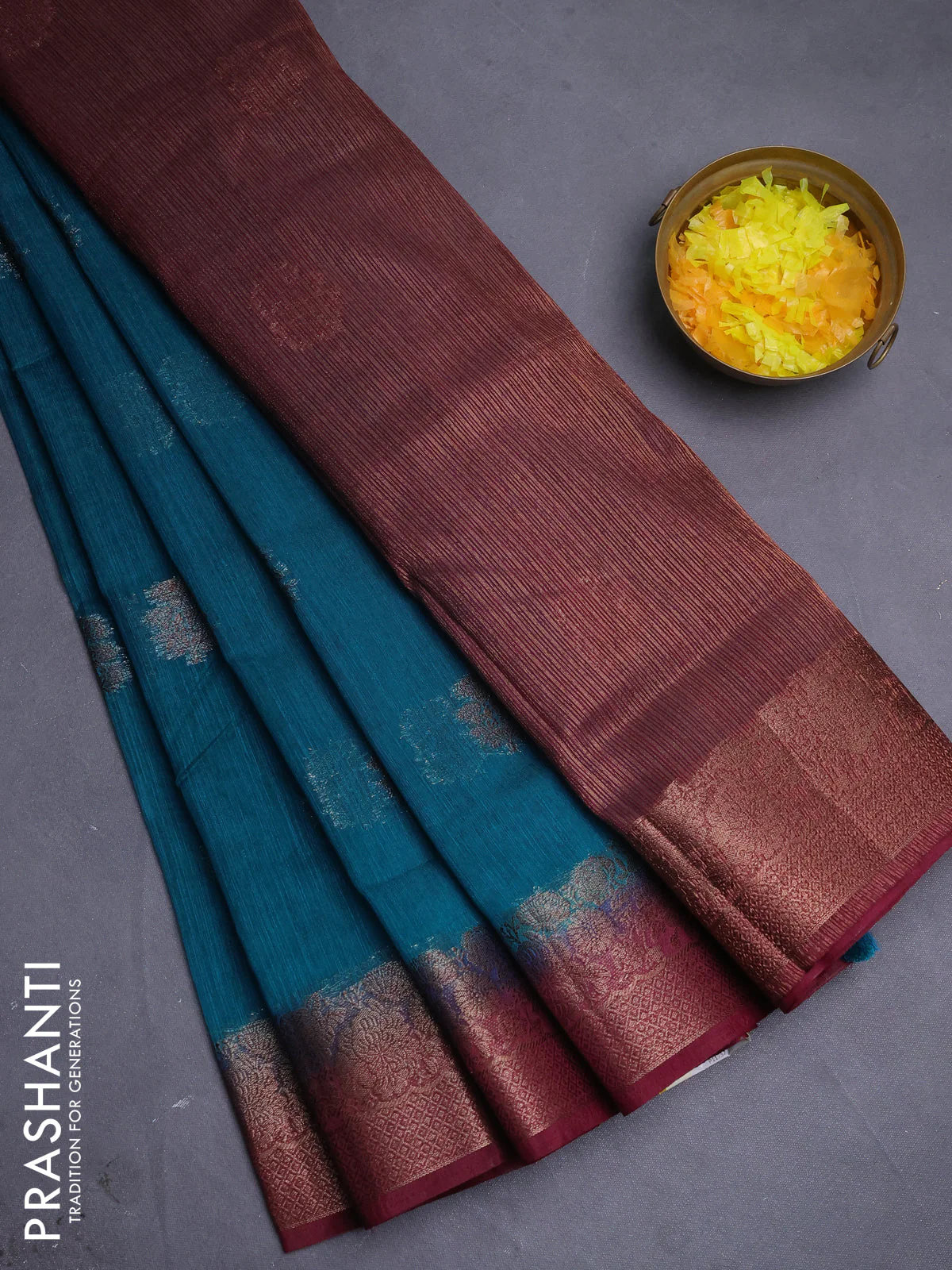 Banarasi semi matka saree teal blue shade and wine shade with thread & zari woven floral buttas and banarastyle border
