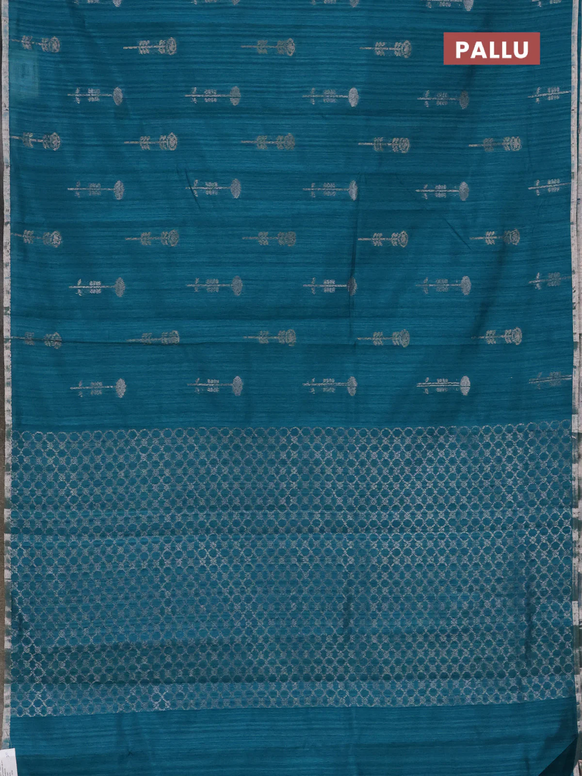 Banarasi semi matka saree teal blue shade with woven buttas and zari woven piping border - Image 3