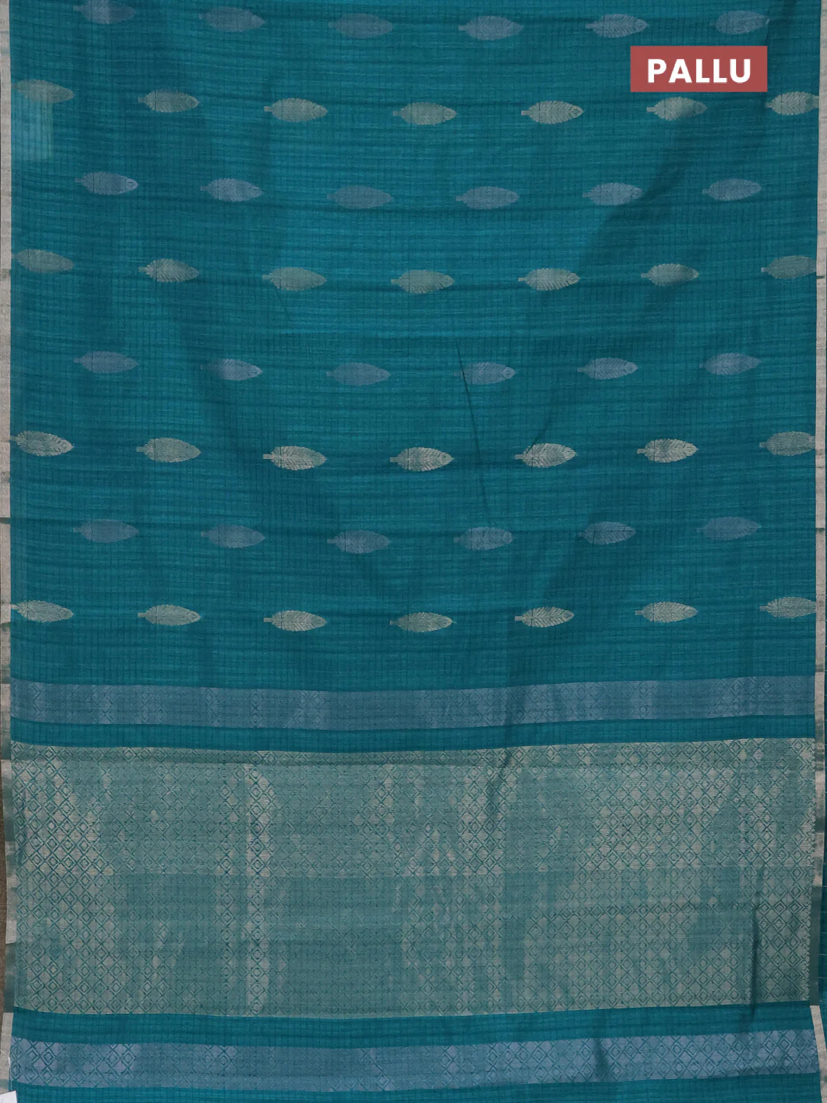 Banarasi semi matka saree teal green blue with silver & gold zari woven buttas and zari woven piping border - Image 3