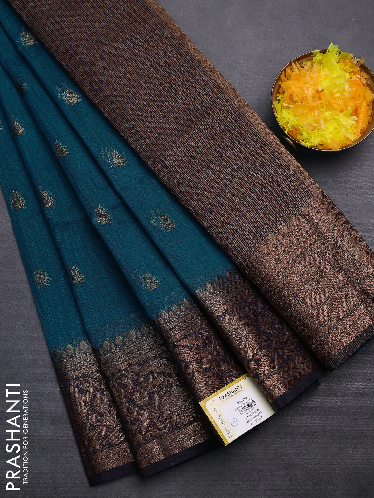 Banarasi semi matka saree teal green shade and navy blue with thread & zari woven buttas and banarastyle border