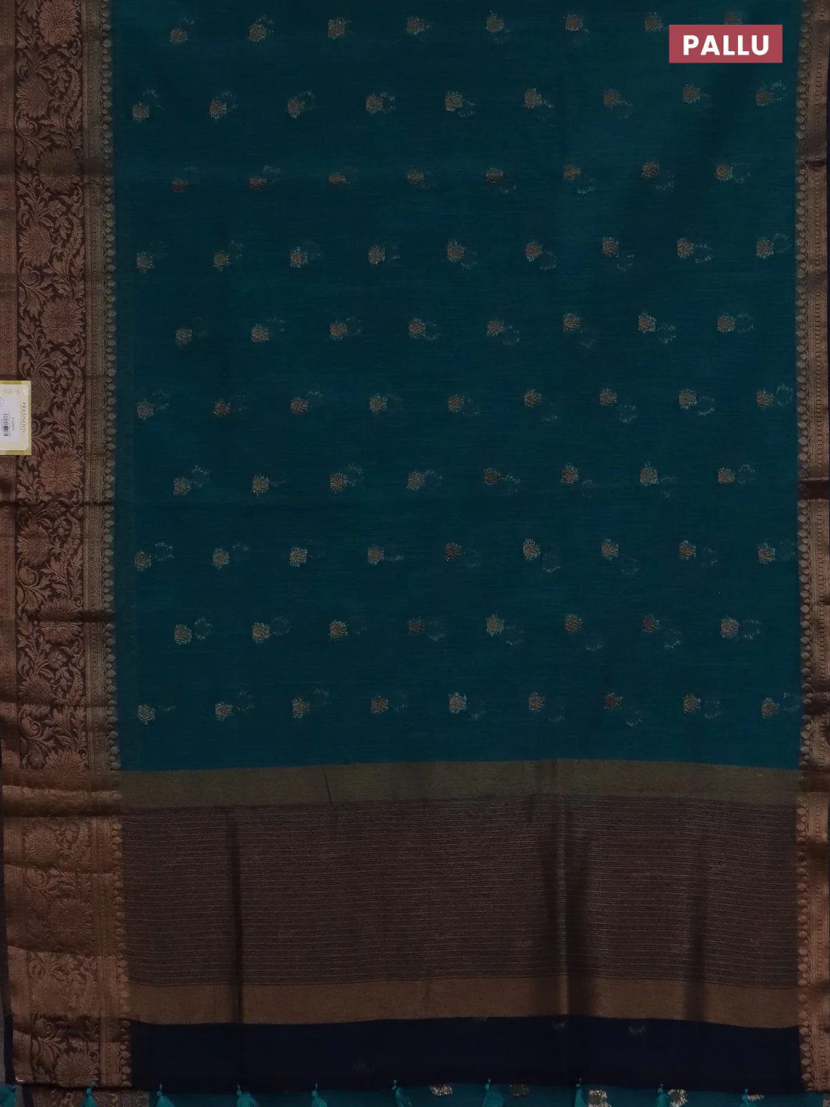 Banarasi semi matka saree teal green shade and navy blue with thread & zari woven buttas and banarastyle border - Image 3