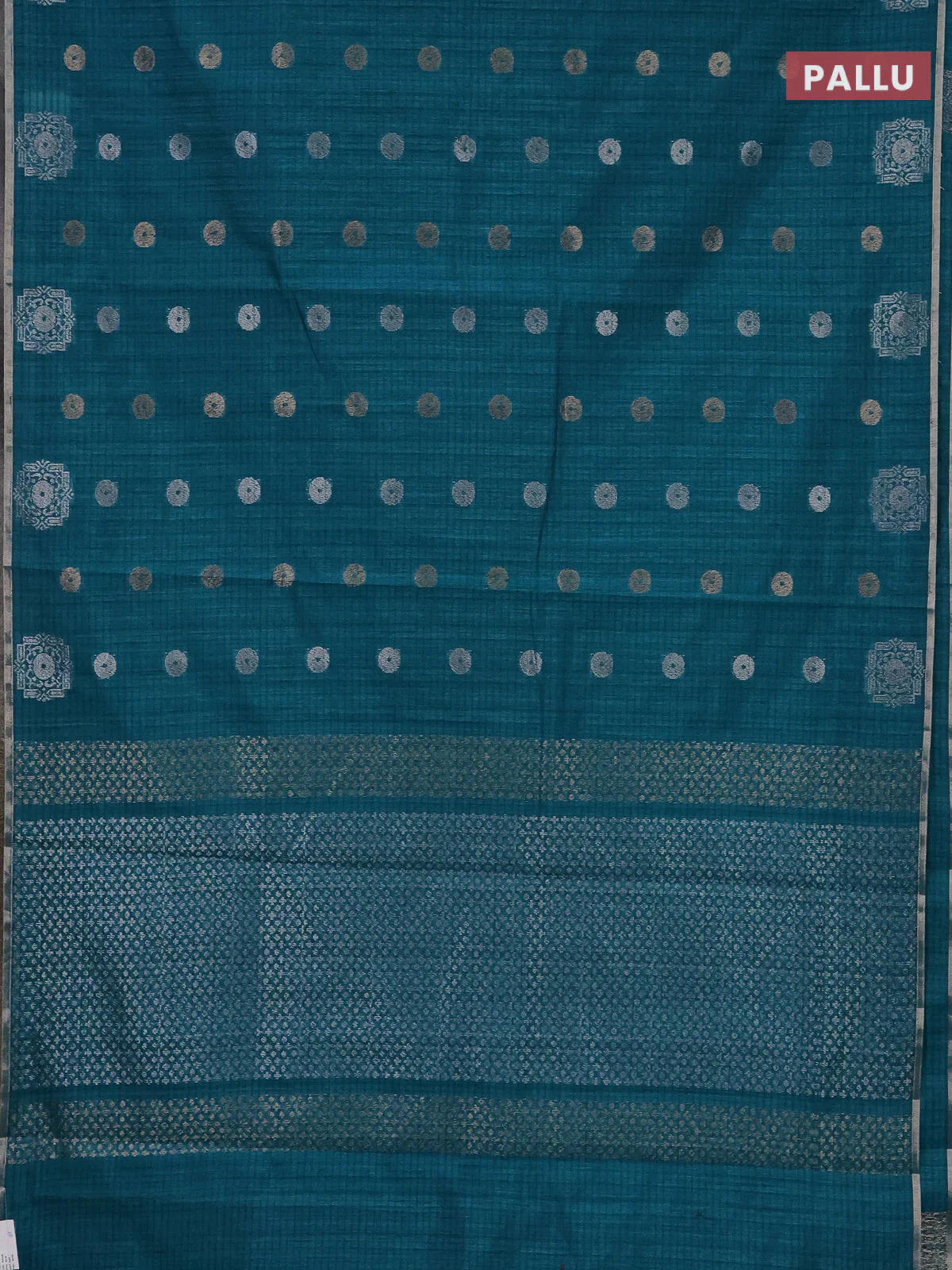 Banarasi semi matka saree teal green shade with silver & gold zari woven buttas and zari woven piping border - Image 3