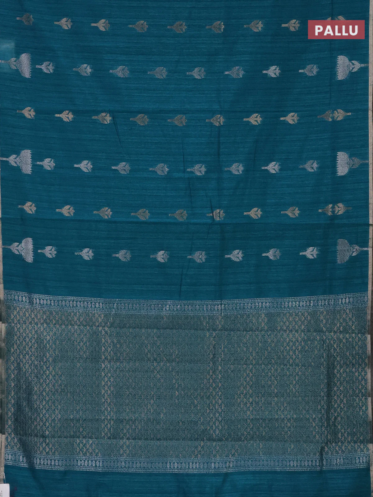 Banarasi semi matka saree teal green shade with thread & silver zari woven buttas and zari woven piping border - Image 3