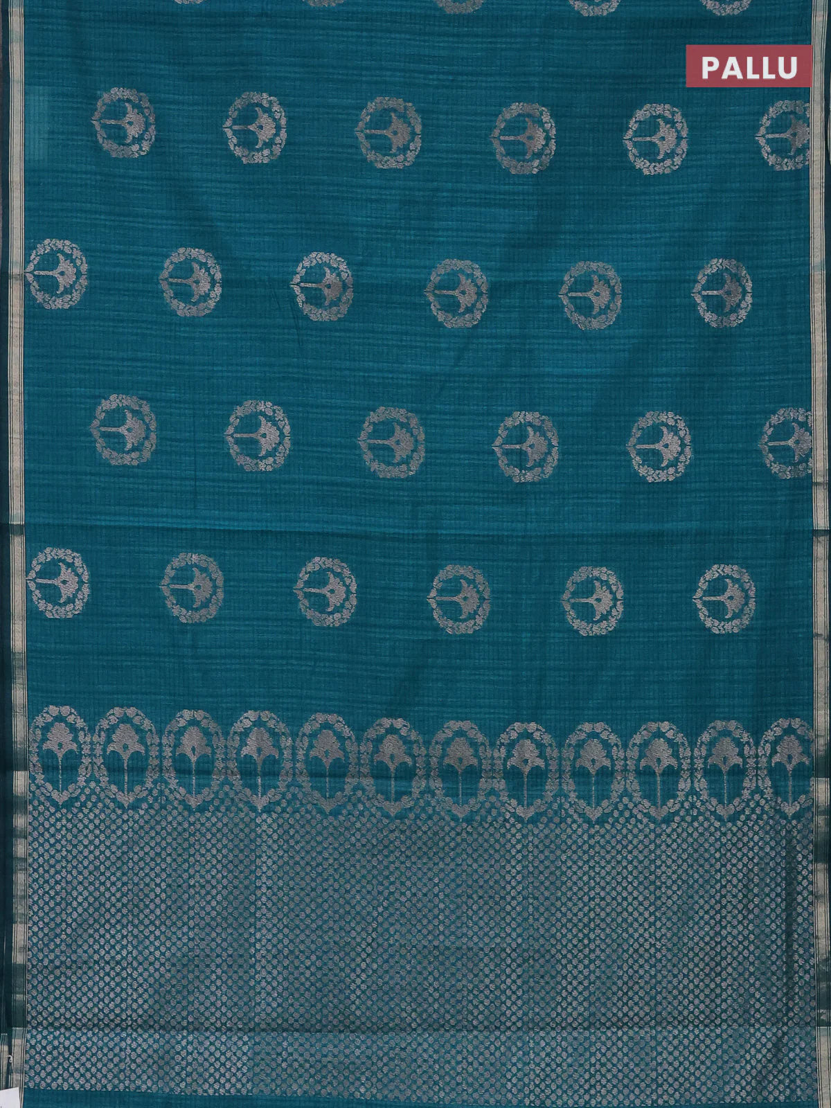 Banarasi semi matka saree teal green with silver & gold zari woven buttas and zari woven piping border - Image 3