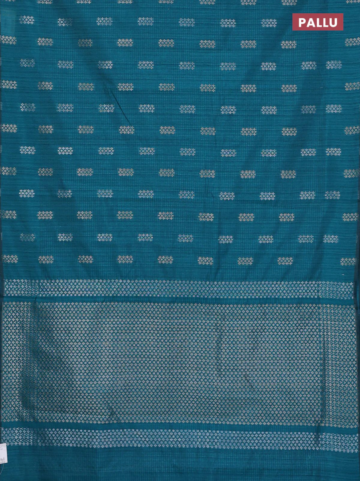 Banarasi semi matka saree teal green with silver & gold zari woven buttas in borderless style - Image 3