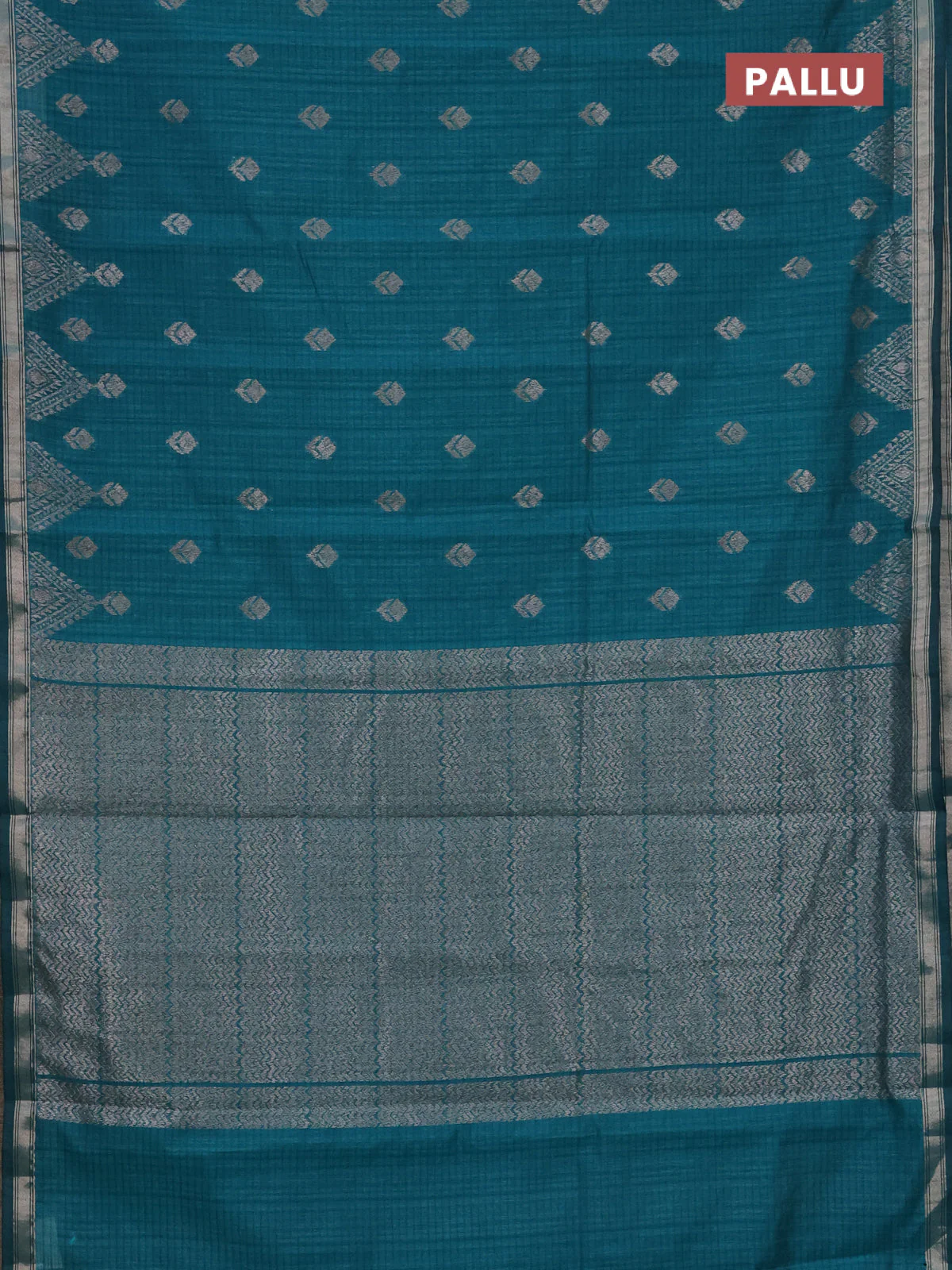 Banarasi semi matka saree teal green with silver zari woven buttas and zari woven border - Image 3