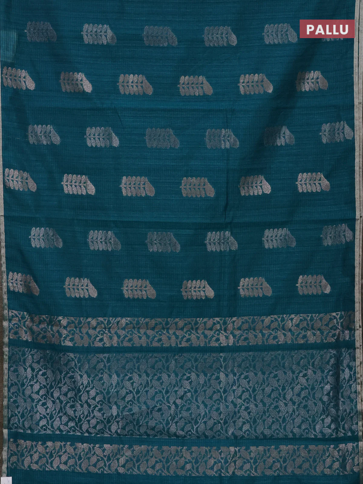 Banarasi semi matka saree teal green with thread & silver zari woven buttas and zari woven piping border - Image 3