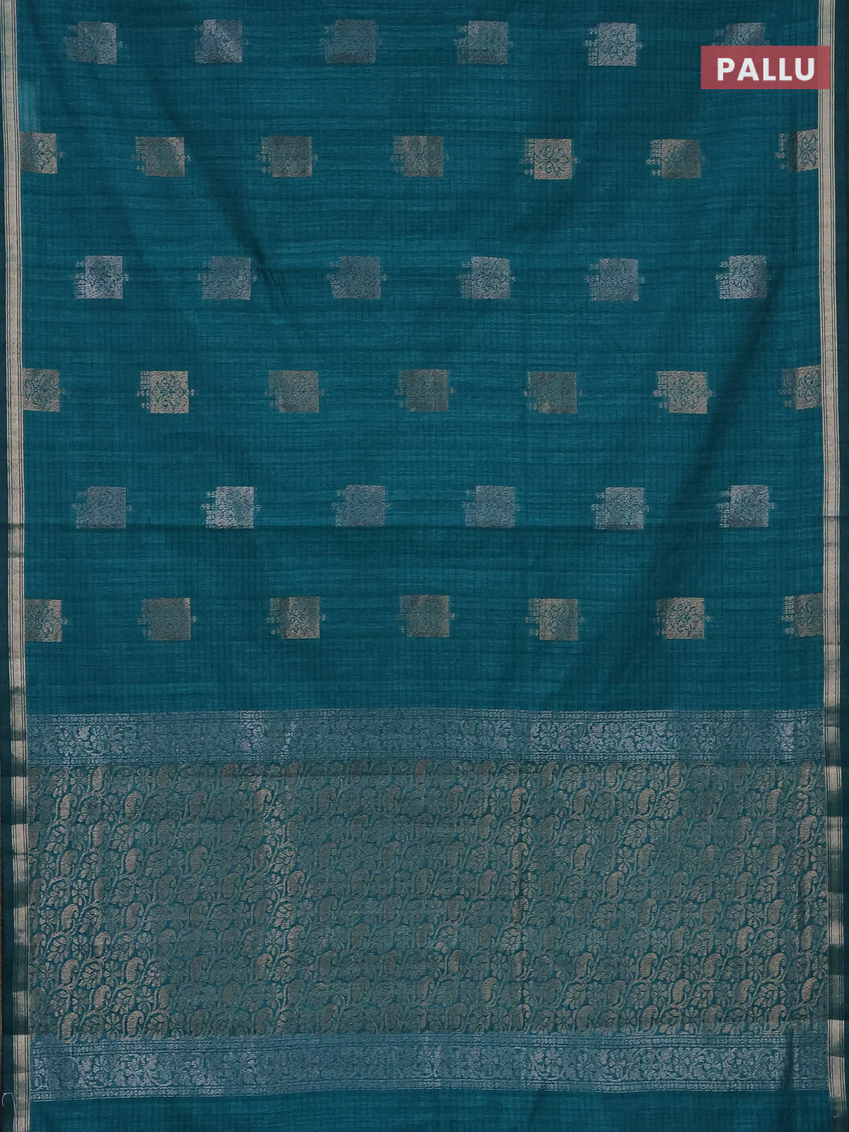 Banarasi semi matka saree teal green with woven buttas and zari woven piping border - Image 3