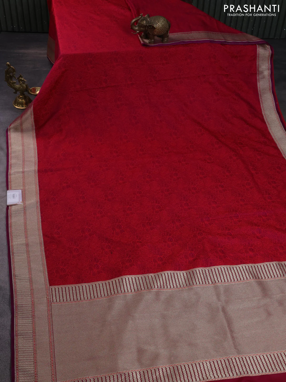 Banarasi semi mushru silk saree deep purple and red with allover self emboss and zari woven border - Image 2