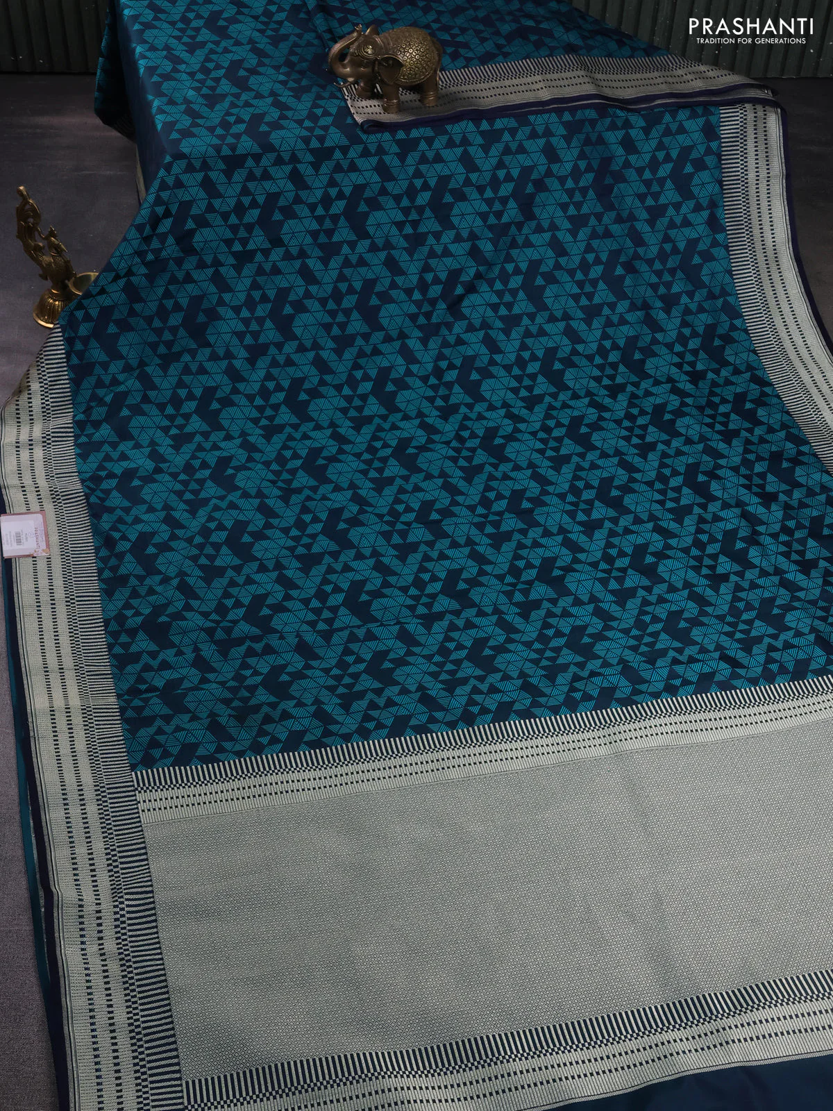 Banarasi semi mushru silk saree dual shade of blue and teal green with allover self emboss and zari woven border - Image 2