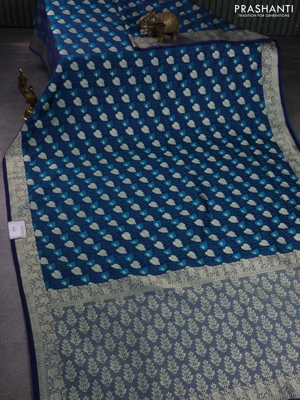Banarasi semi mushru silk saree dual shade of blue and teal green with allover thread & zari weaves and zari woven border - Image 2