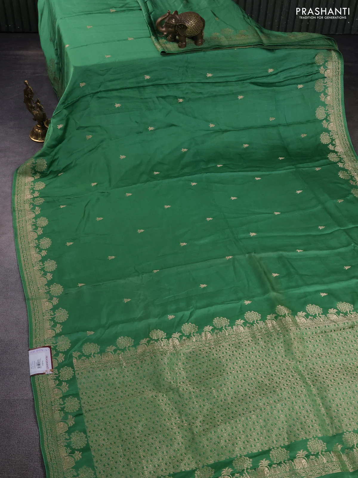 Banarasi semi mushru silk saree green with zari woven buttas and zari woven border - Image 2