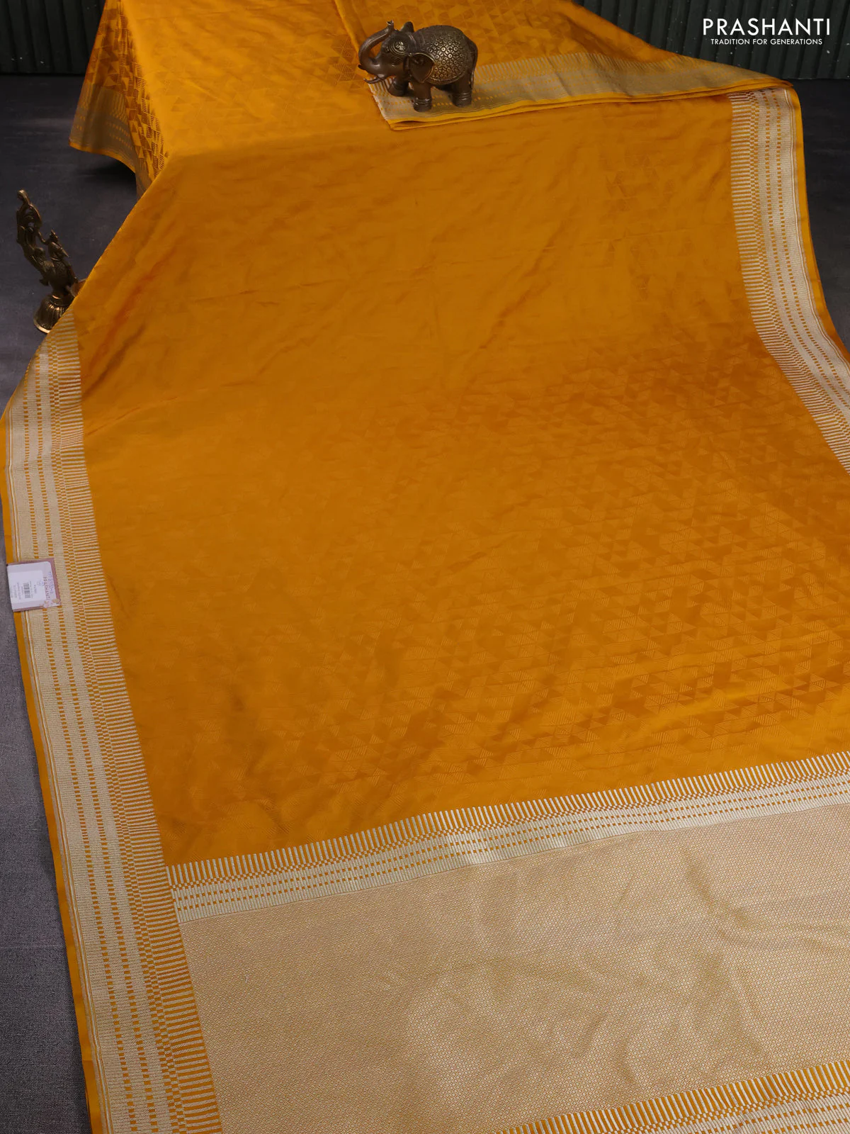 Banarasi semi mushru silk saree mustard yellow with allover self emboss and zari woven border - Image 2